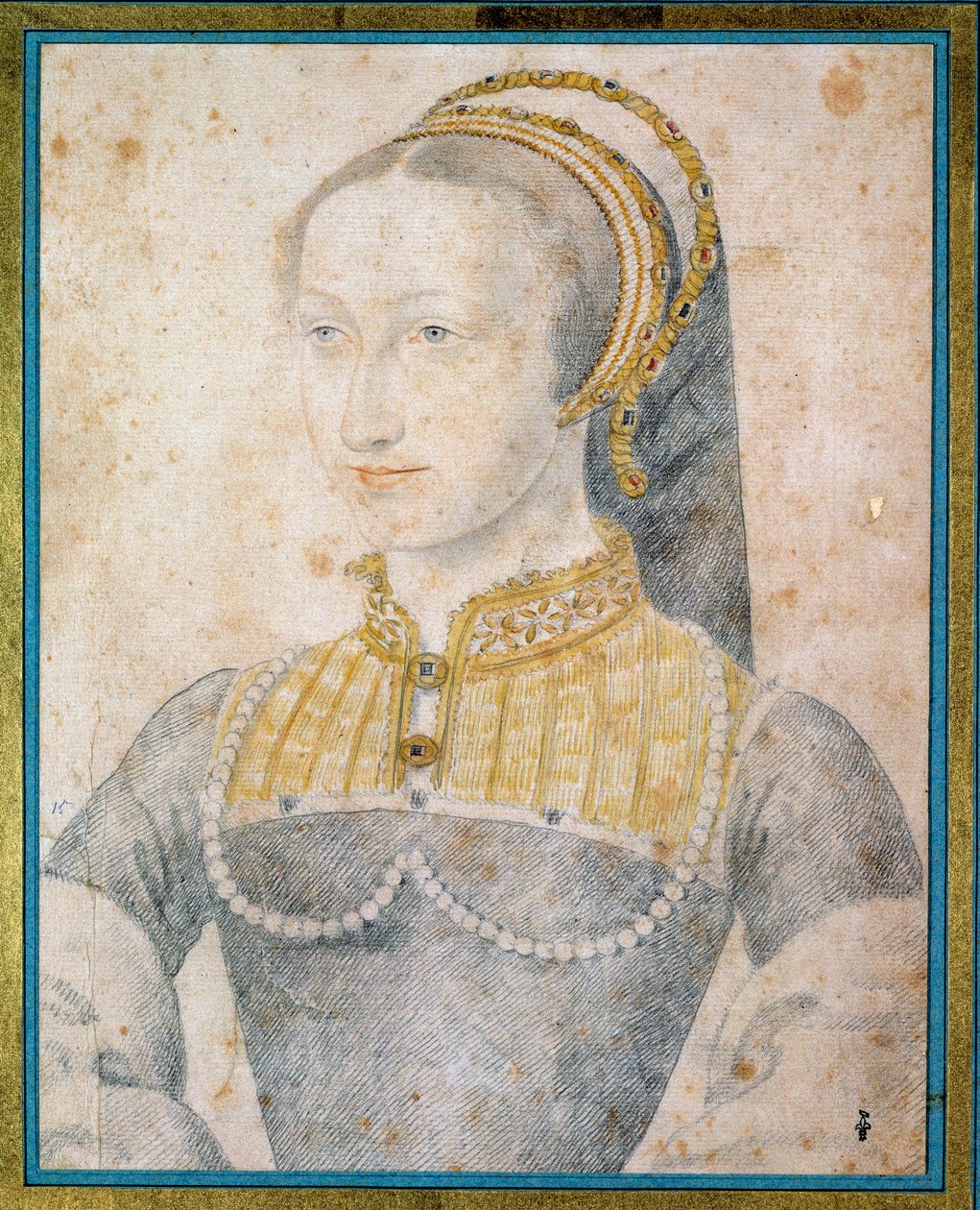 アンリ4世の母であるナバラ王妃ジョアン・オブ・アルブレ（1528 - 1572）の肖像。フランソワ・クルエ（1515-1572）による黒い石と血のドローイング 作： フランソワ・クルーエ