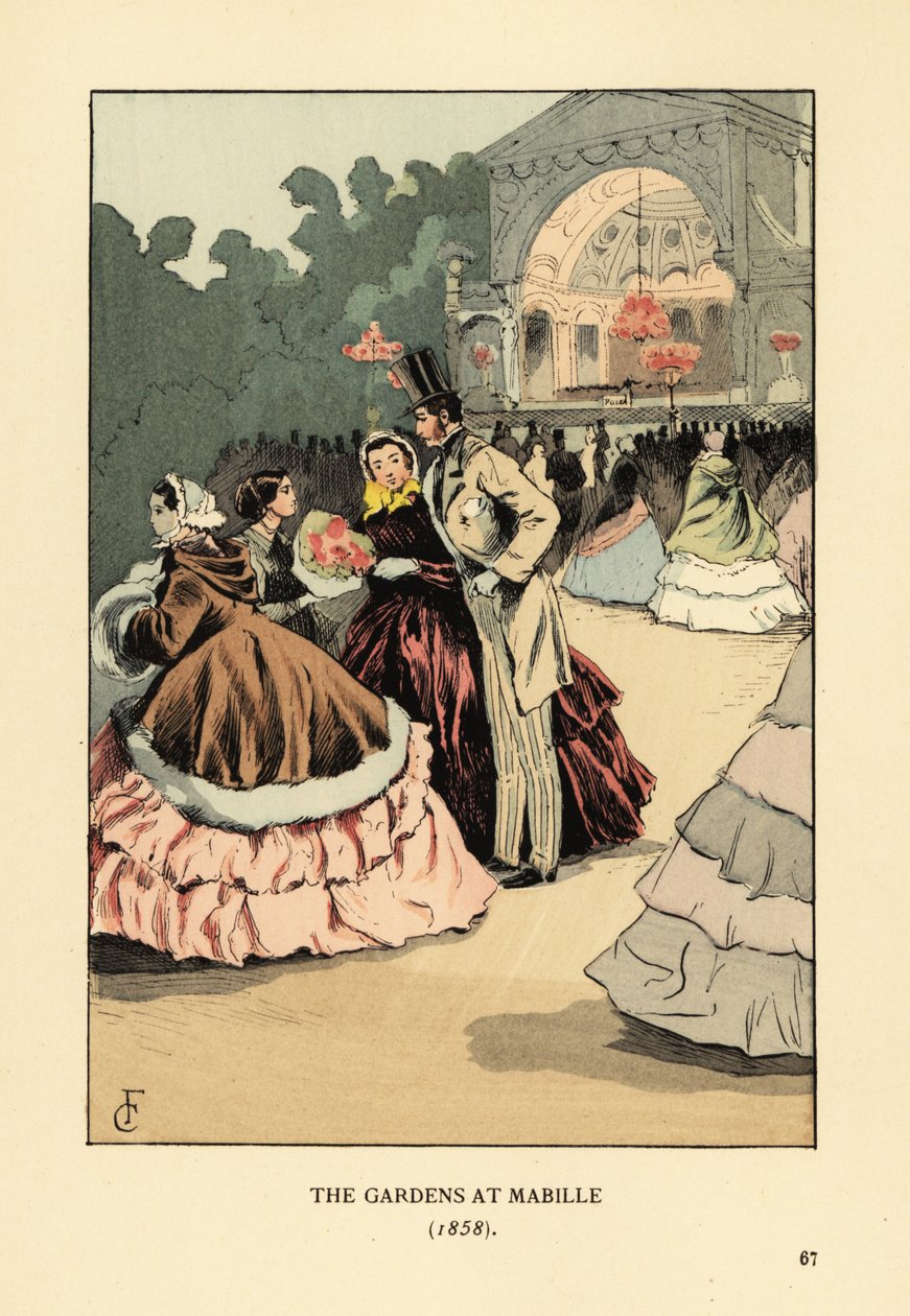 バル・マビーユの野外ダンスに参加するファッショナブルな人々。女性は幅広のクリノリンと毛皮のケープ、男性はトップハットにジャケット、ストライプのズボン。モンテーニュ通りにあるジャルダン・マビーユでは、1844年から1875年まで夜のダンスが行われていました。マビーユの庭園 作： フランソワ・クルボアン