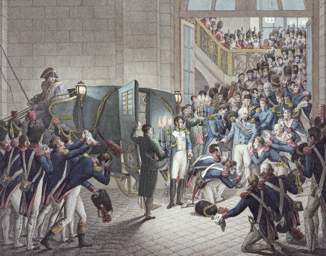 1815年3月19日、レチュイルリー出身のルイ18世（1755-1824）の王、ナヴァル王（カラー彫刻） 作： フランソワ・ジョセフ・ハイム