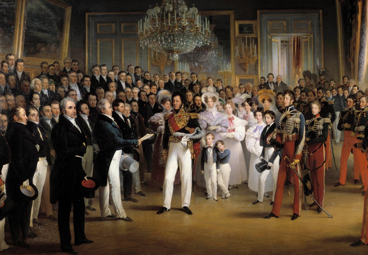 1830年の革命"1830年7月8日、王宮にて、代議員会がオルレアン公ルイ・フィリップ1世（1773-1850）に王位継承法と1830年の憲章を提示" 詳細フランソワ・ジョセフ・ハイム（1787-18）による絵画 作： フランソワ・ジョセフ・ハイム