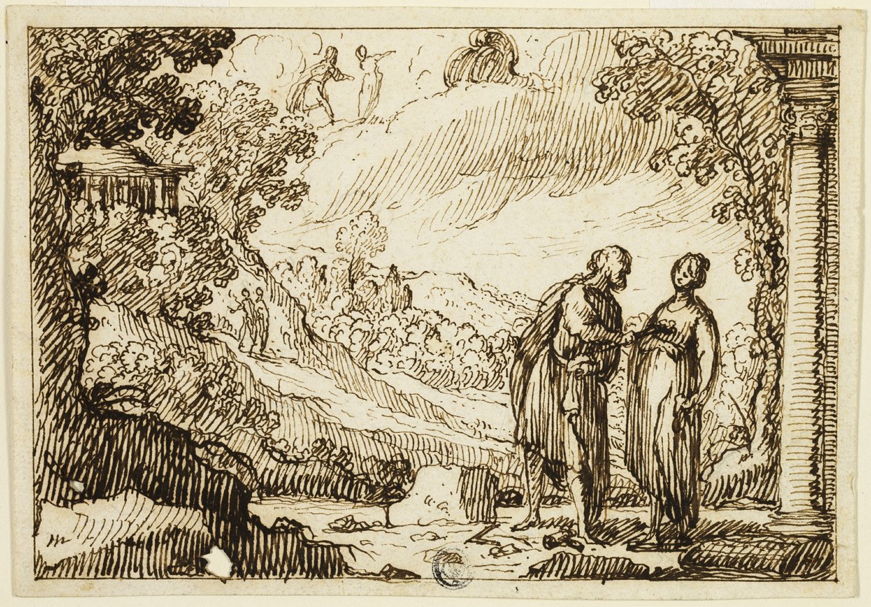 古典的な風景の中で男女が会話する正体不明の神話的情景 作： FrançoisRoëttiers