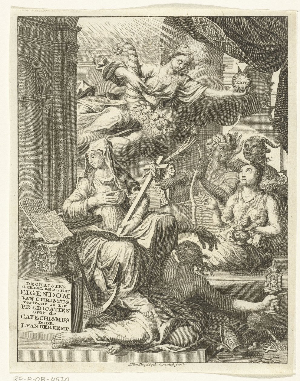 とりわけ、真実と美徳と悪徳の女性の擬人化によるアレゴリー タイトルページ: Johannes van der Kemp, 生と死において完全にキリストの所有物であるキリスト教徒, 作： フランソワ・ヴァン・ブレスウェイク