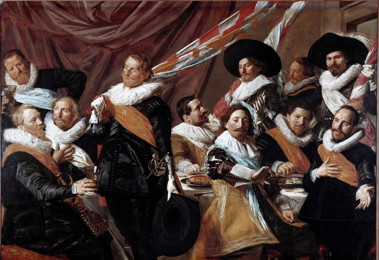 ハーレムの聖ゲオルギウスの弓兵隊の士官たちの宴 絵画 フランツ・ハルス（1580年頃～1666年） 1627年 日。179 x 257.5 cm ハールレム、フランツ・ハルス美術館、オランダ 作： フランス・ハルス
