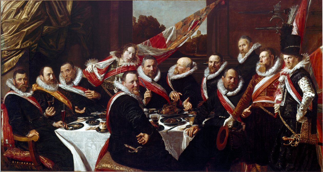 ハーレムの聖ゲオルギウスの弓兵隊の士官たちの宴 フランツ・ハルス（1580年頃～1666年）の絵画 1616年 日。170 x 120 cm ハールレム、フランツ・ハルス美術館、オランダ 作： フランス・ハルス