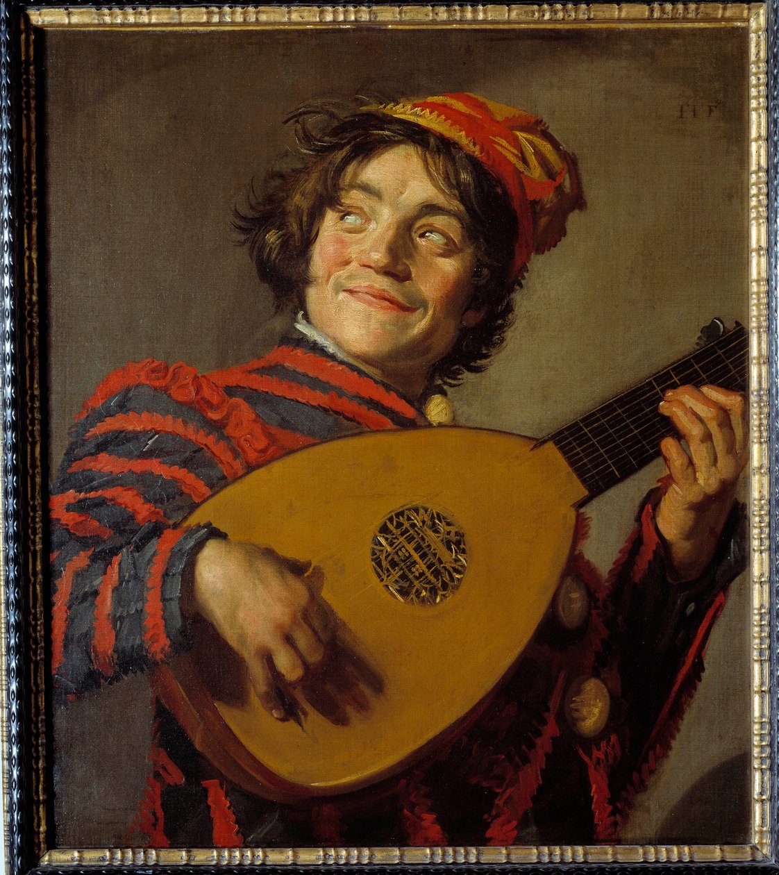 リュートジェスターです。フランツ・ハルス（1580-1666）の絵画 作： フランス・ハルス