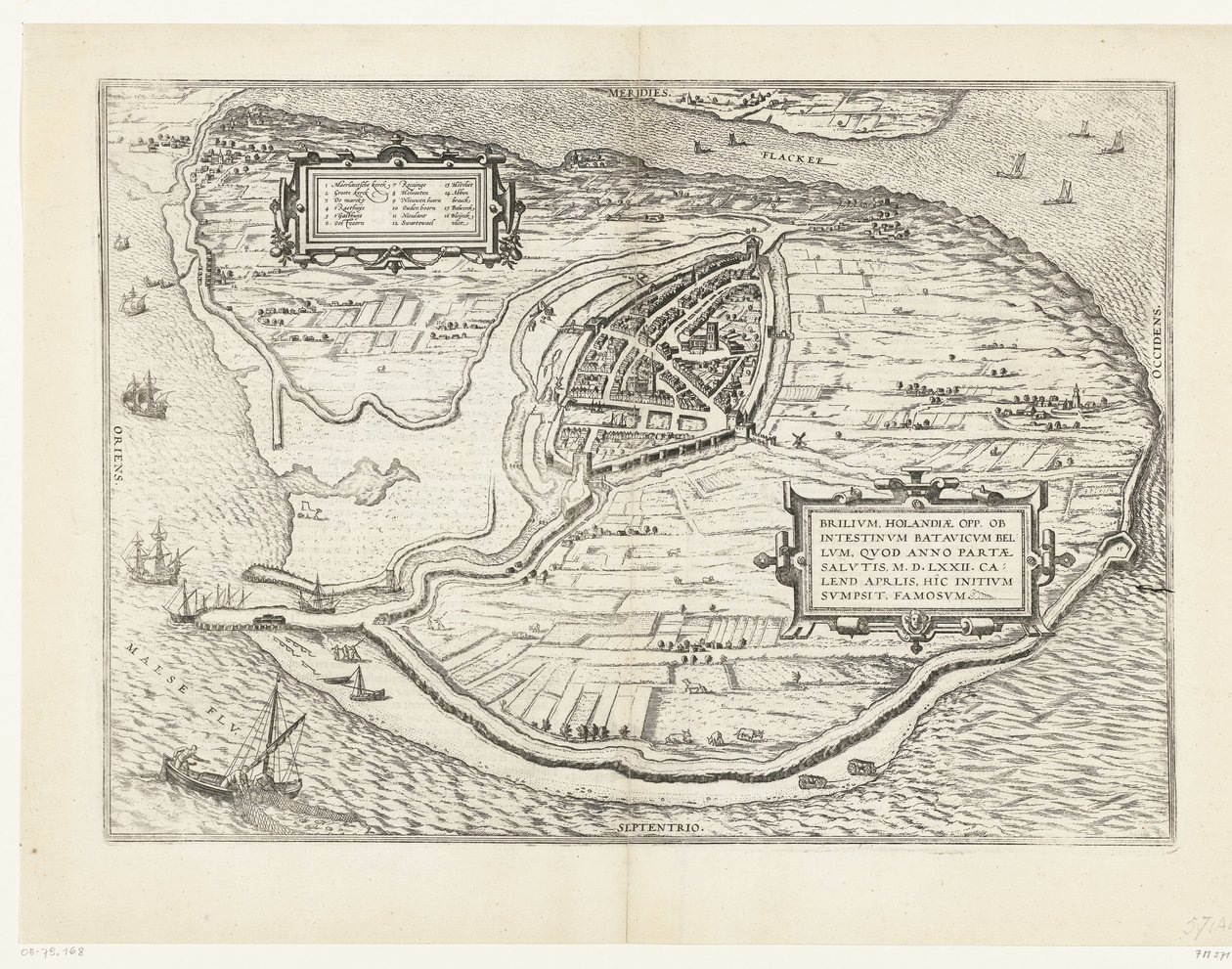 Karte der Insel Voorne und Grundriss von Brielle, 1572 von Frans Hogenberg