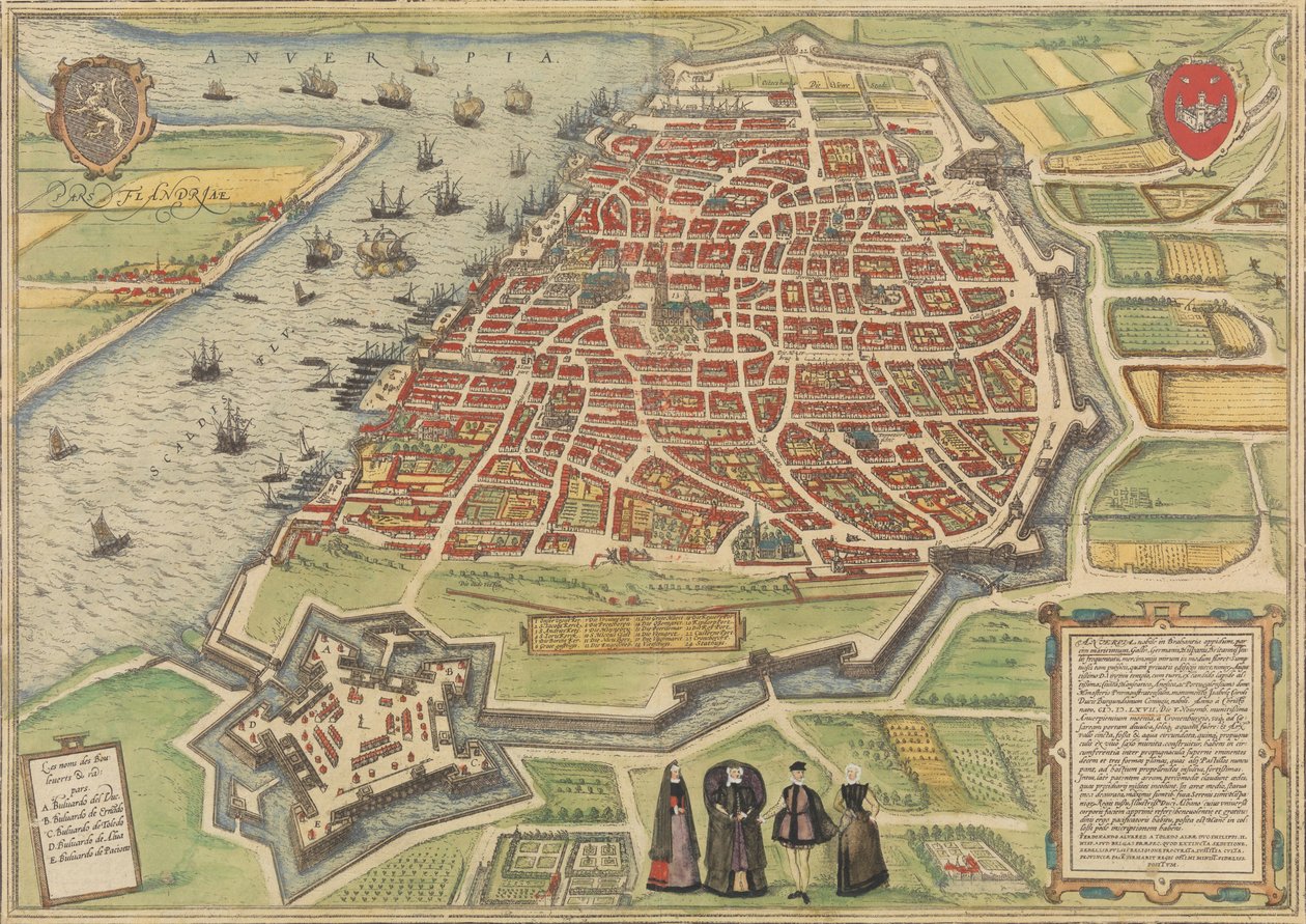 アントワープの眺め、1572～94 年。 クリエイター: Frans Hogenberg、Simon Novellanus。 作： フランス・ホーゲンベルク