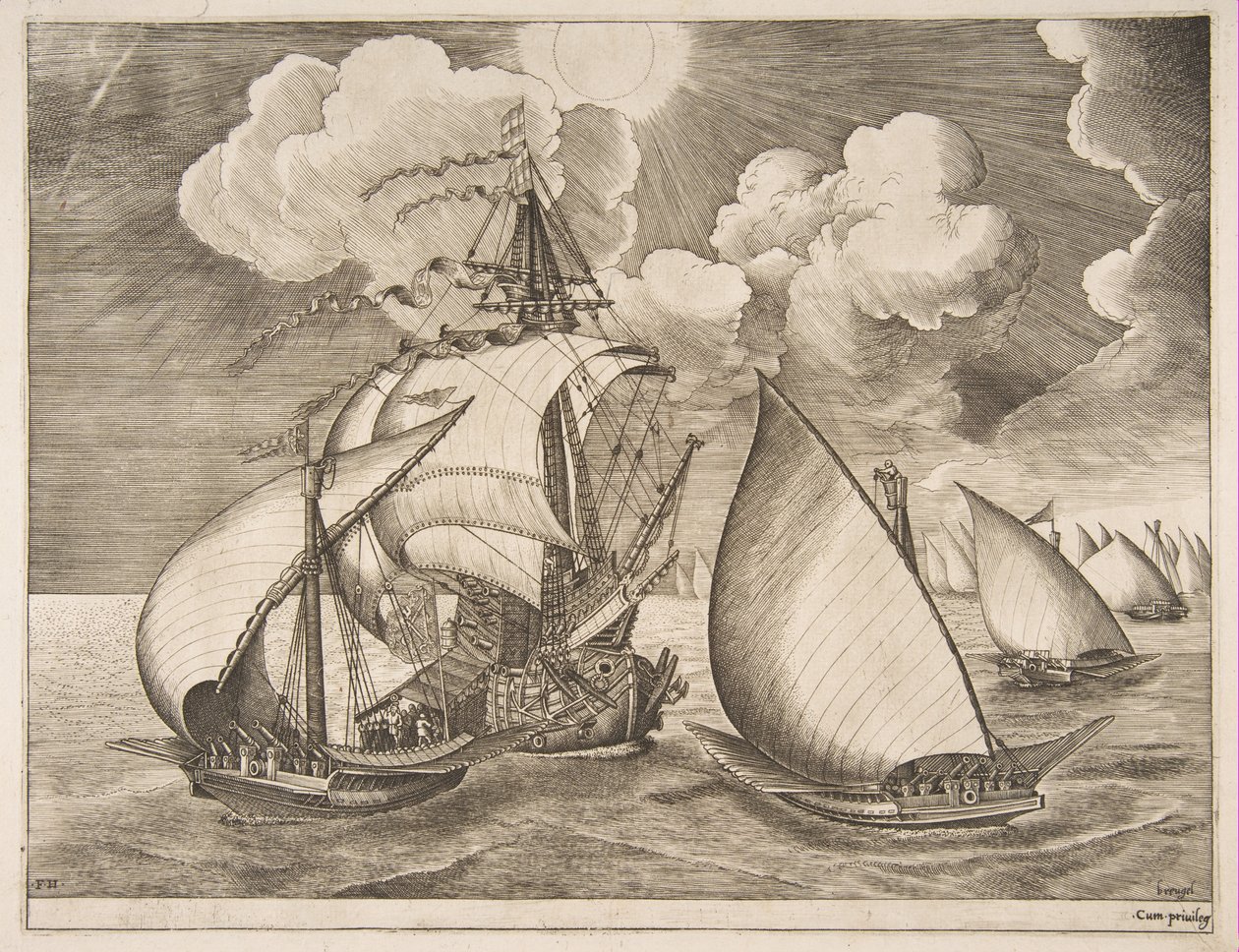 1561-65年の帆船からのカラベルによって護衛されたギャレー艦隊。 作： フランス・ユイス