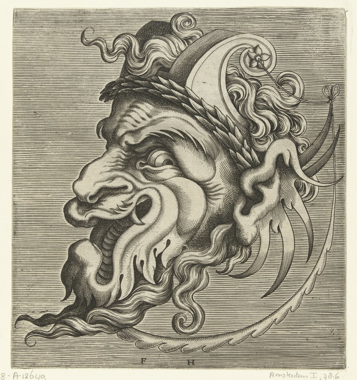2 つの渦巻き状の角と月桂樹の花輪を持つ横顔の仮面 Pourtraicture ingenious de plusieurs facons de masques… (シリーズタイトル) 作： フランス・ユイス