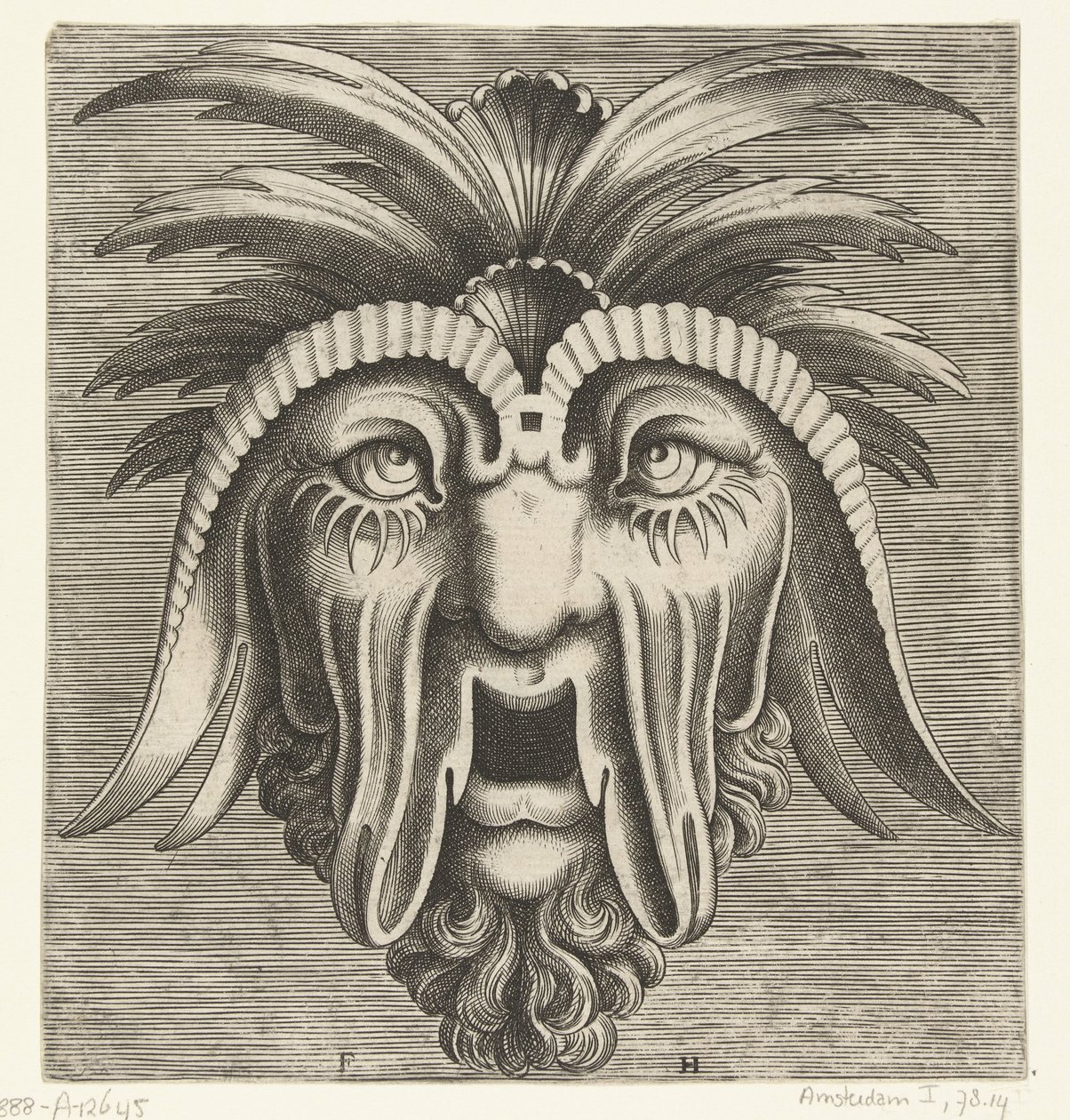 ぶら下がって開いた歯のない口、垂れ下がった頬と頭頂部のマスク Pourtraicture ingenious de plusieurs facons de masques… (シリーズタイトル) 作： フランス・ユイス