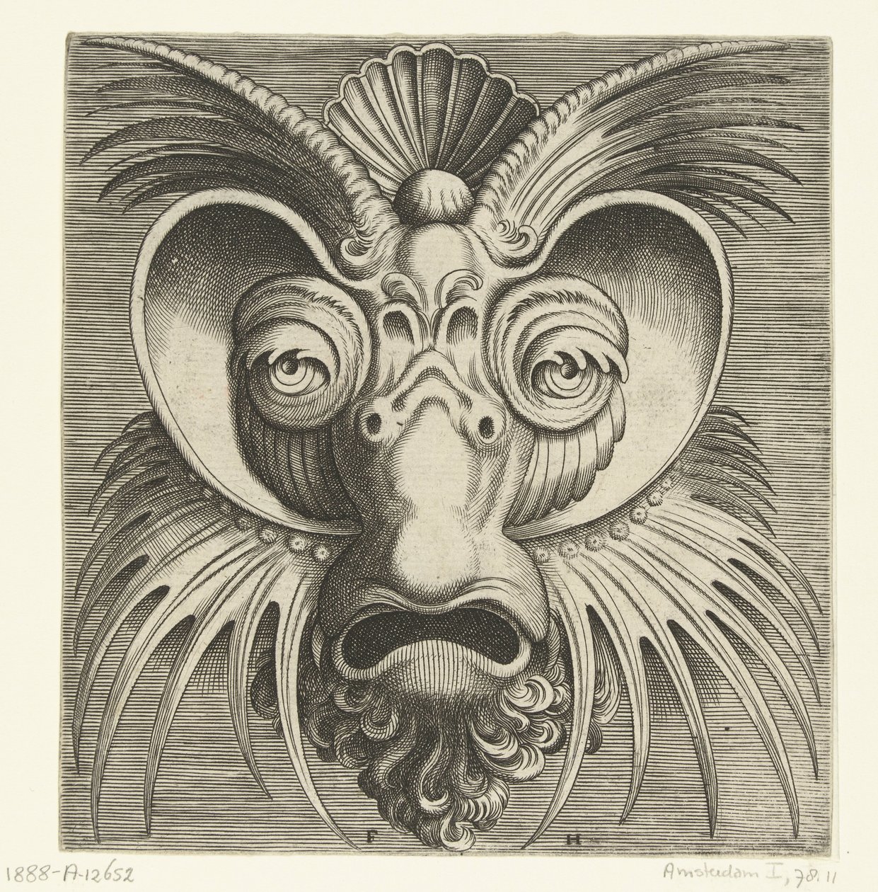 目の周りにソーサーがあり、頬と額に鋸歯状のトサカがついたマスク Pourtraicture ingenious de plusieurs facons de masques… (シリーズタイトル) 作： フランス・ユイス