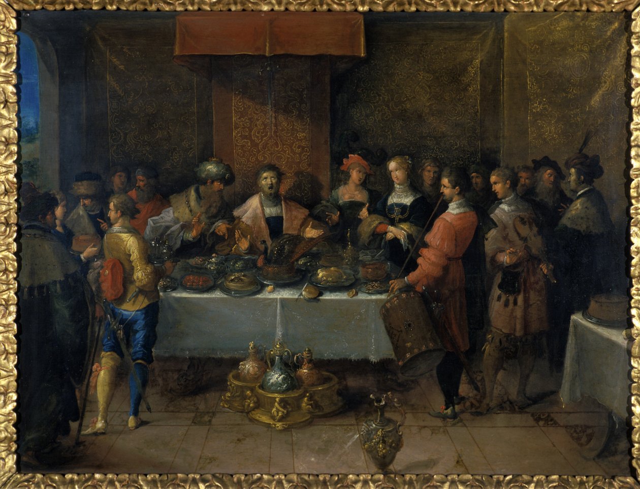 テーブルでのダモクレス、1620年以前（銅に油彩） 作： フランスIIヤンガーフランケン