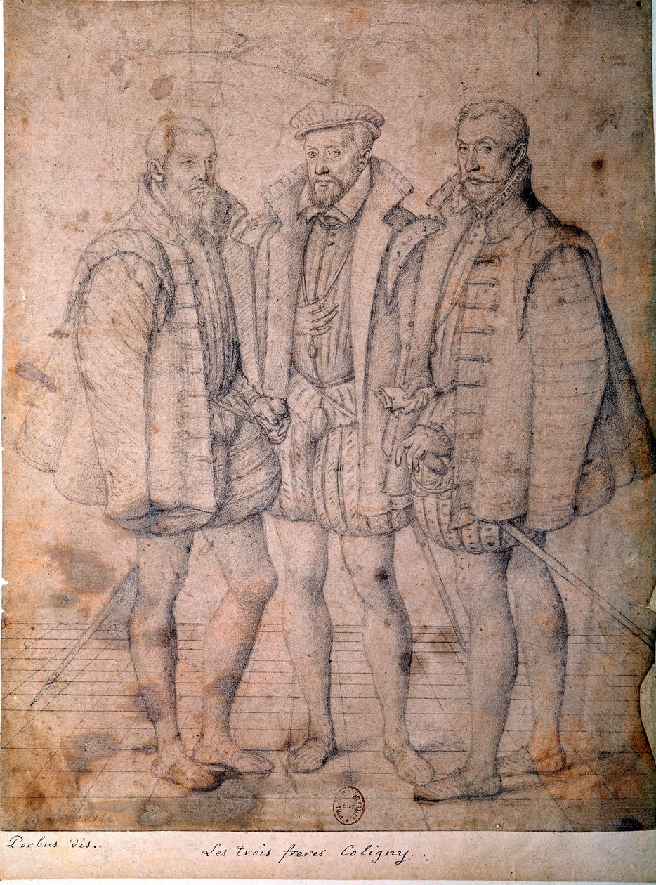 3人のコリニーの肖像。オデ枢機卿（1515-1571）、ガスパール（1517-1572）、フランス提督、フランソワ（1521-1569）、アンデロー領主。フランソワ(フランツ)・プールブス・ラ・エイヌ(1545-1581)の作とされるデッサン(ec.flam.) 16世紀 パリ、B.N. 作： フランスI Pourbus