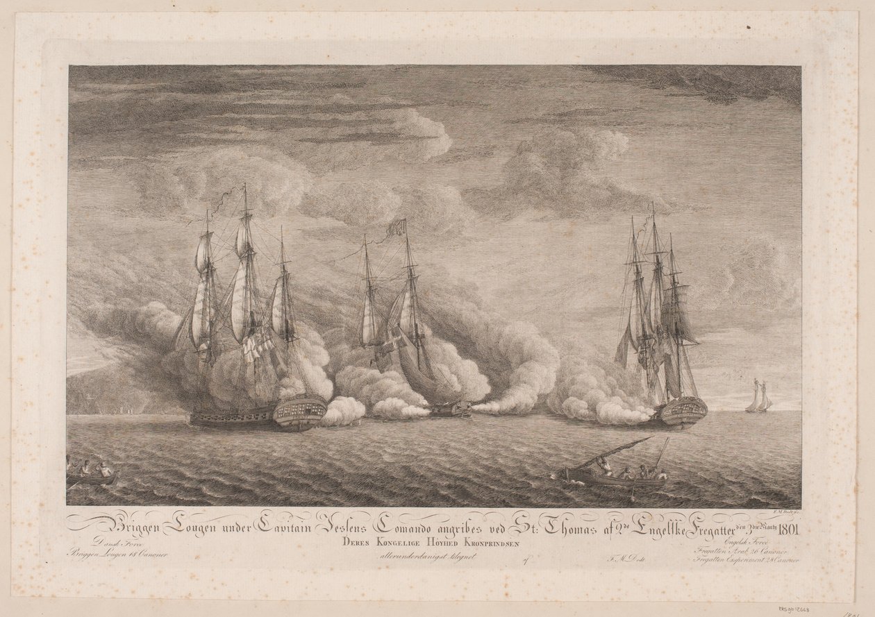 ブリッグのローゲンがサンクトペテルブルクで攻撃される。 トーマス、1801 年 3 月 3 日 作： Frans Martin Dodt