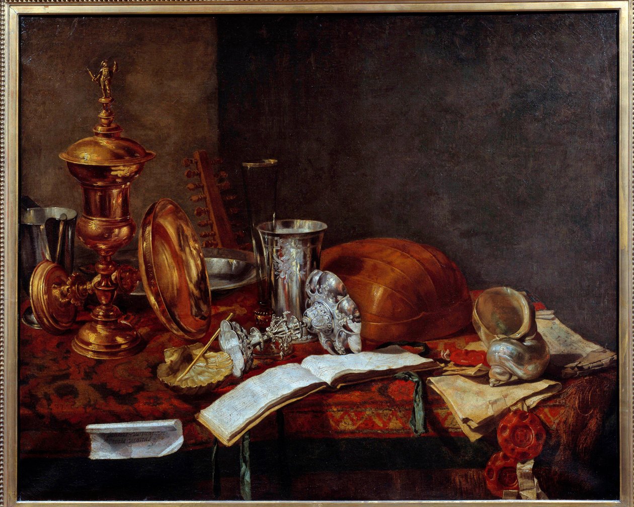 美術品のある静物（銅杯、銀器、リュート） フランツ（フランツ）・リクハルス（1600-1647）の絵画 17世紀 ダンケルク、ボザール美術館 作： フランス・リュクハルス
