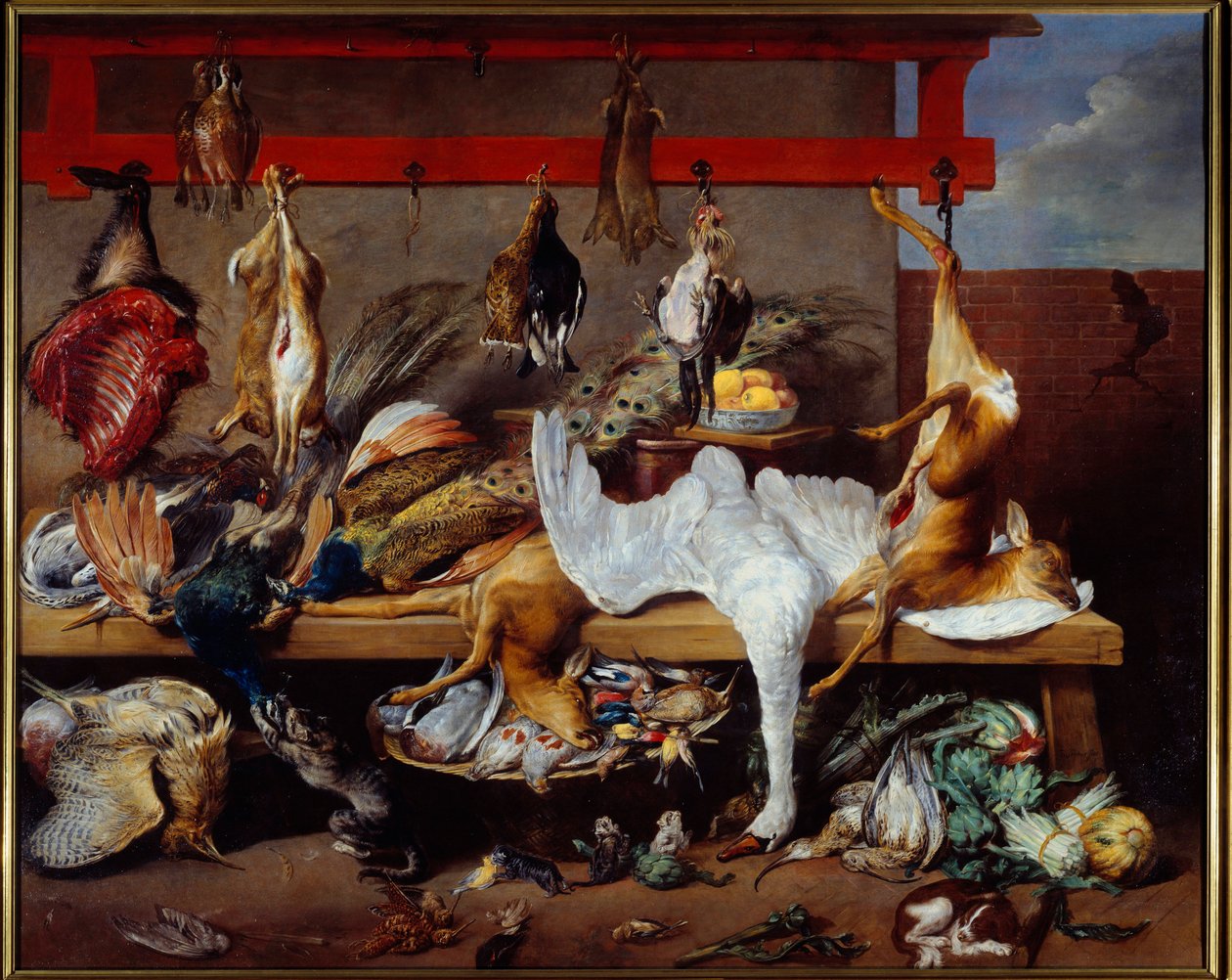 ジビエ、魚、豆類のある食卓 Frans Snyders (1579-1657) による絵画 1630年 薄暗い。2,73 x 3,40 m リヨン、ボザール美術館（Musee des Beaux Arts 作： フランス・スナイデルス