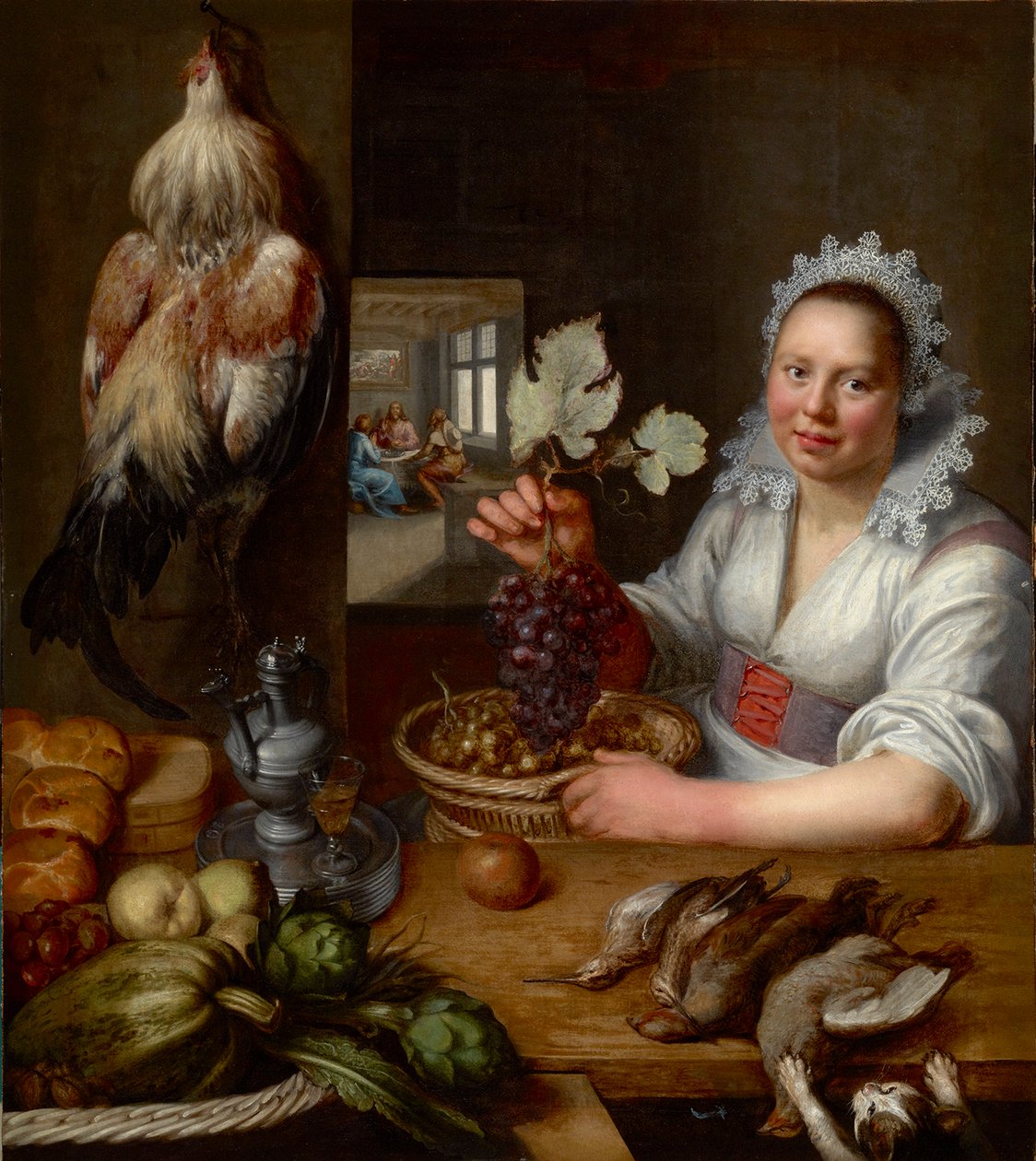 Scene de Cuisine avec scene du Christ a Emmaus - スナイダース (スナイダース)、フランス (1579-1657) 作、エマウスでのキリストとのキッチン シーン。 キャンバスに油彩、1615 年から 1620 年の間。寸法 : 114,5x102 cm。 Muzeul National Brukenthal, シビウ 作： FransSnydersまたはSnijders