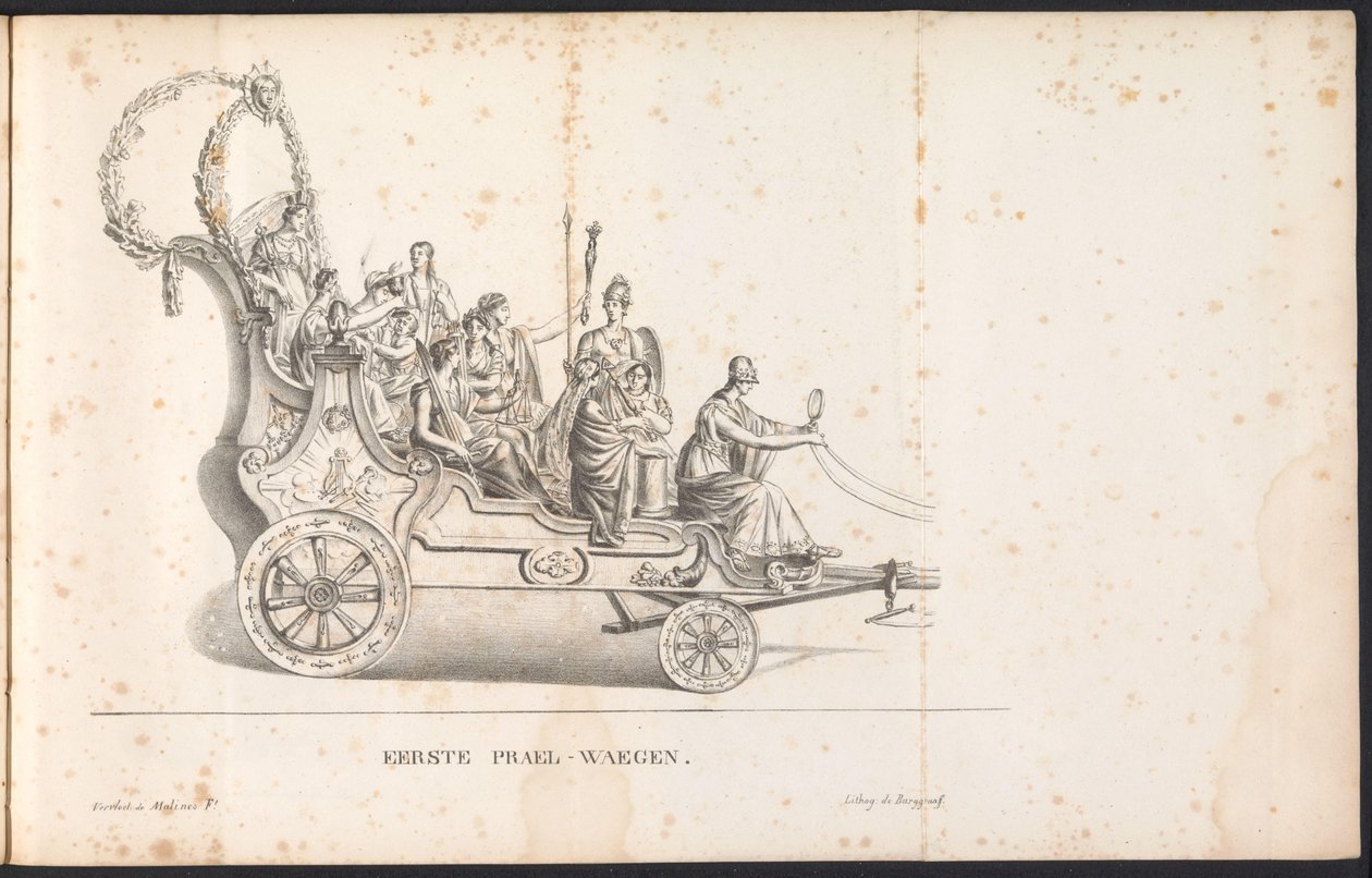 1825 年、聖ロンブーの行列の最初の山車 最初の Prael-waegen (オブジェクトのタイトル) 作： Frans Vervloet