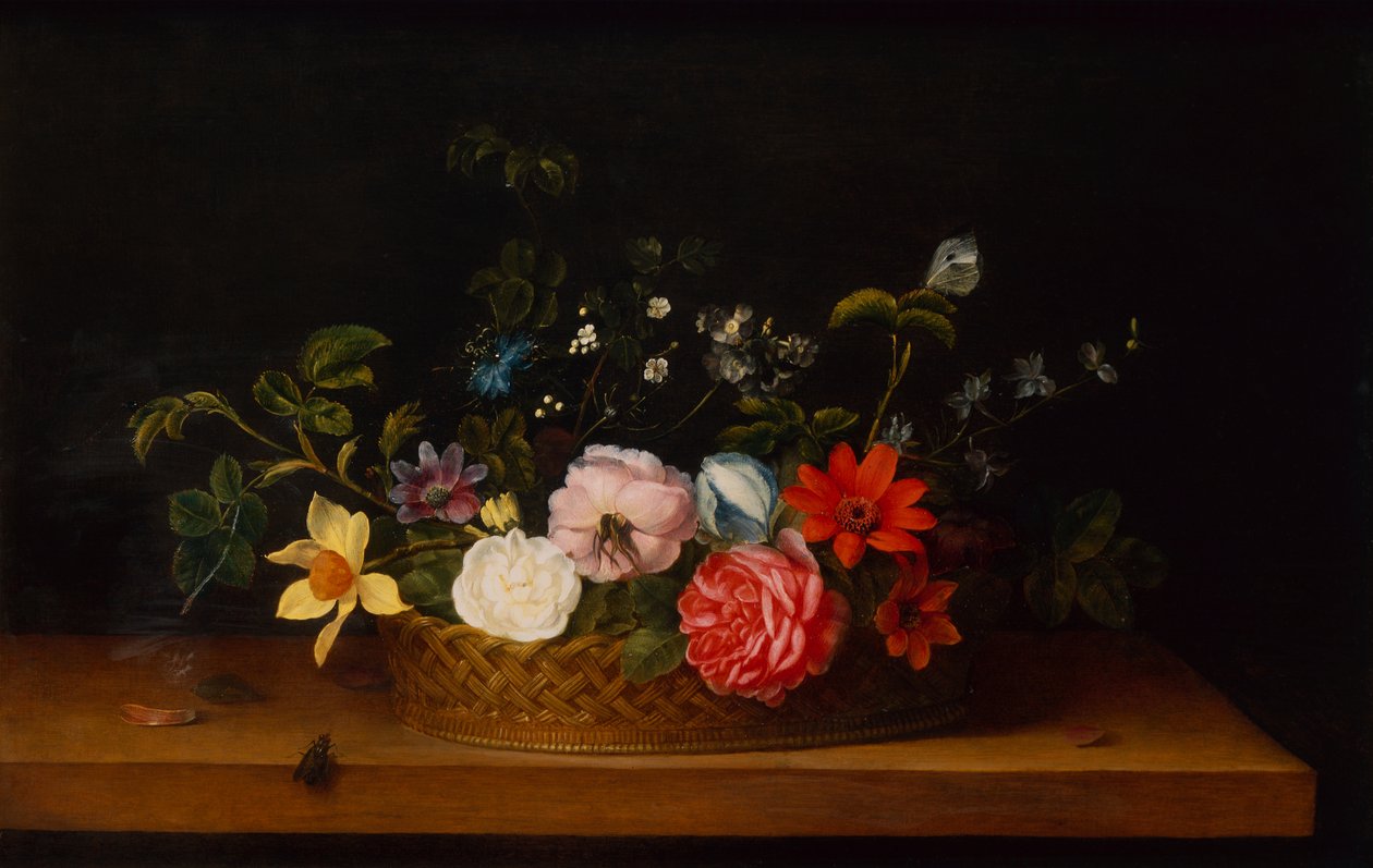 棚の上の昆虫とバスケットの花 (油) 作： フランス・イケンス