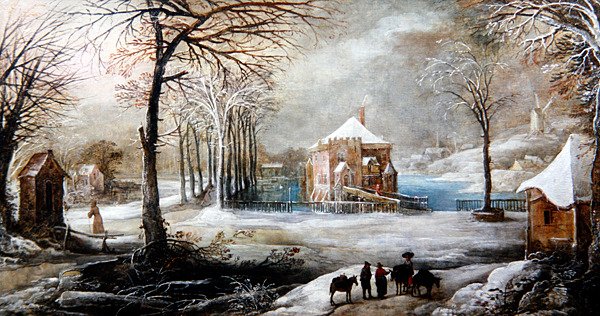 人物と馬のいる冬の風景」（油彩・キャンバス） 作： フランス・ド・モンペル