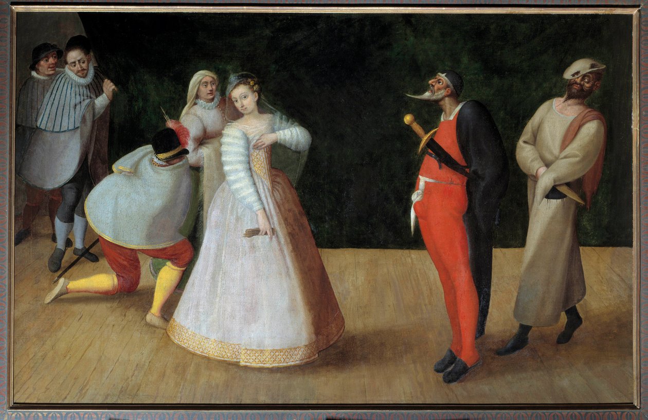 コメディア・デラルテ「芸人イザベル・アンドレーニ（1564-1602）とパリのジェローシたち」 フラン・フランケン1世（1542-1616）の絵画 16世紀。パリ、カルナヴァレ美術館 作： フランケン・ザ・エルダー・フランケン