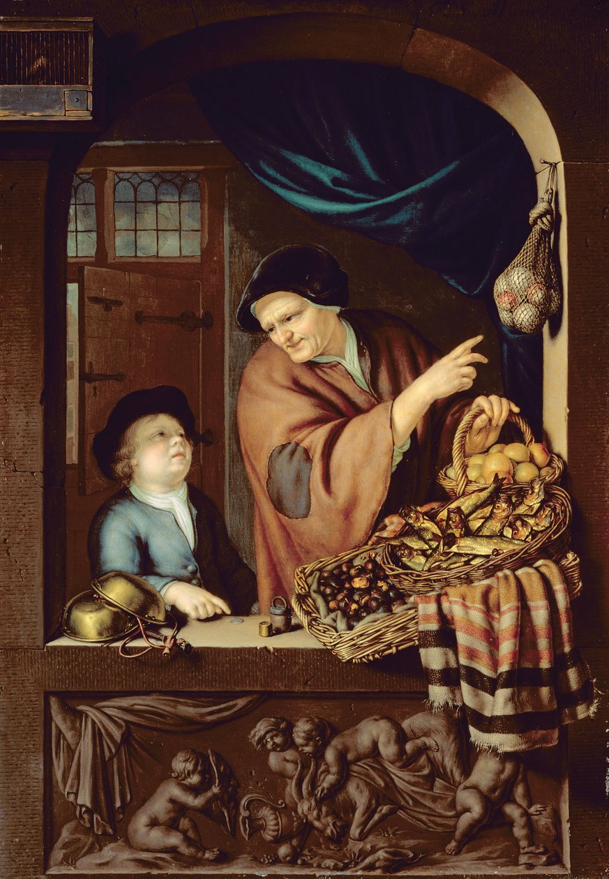 Chesnut and Kipper Seller、1722（オークの油彩） 作： フランス・ファン・ミーリス