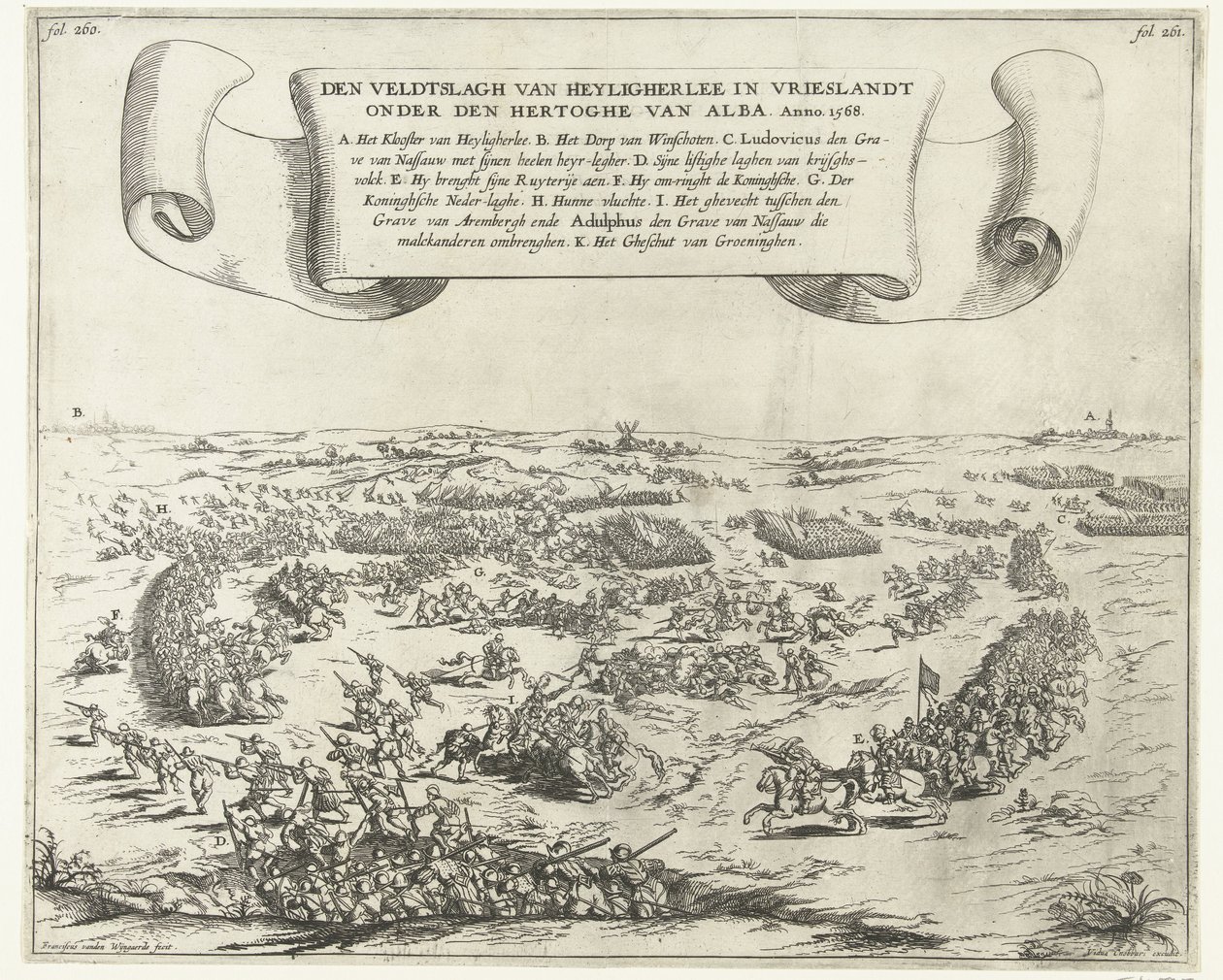 ハイリガーリーの戦い、1568年 アルバ公の配下、フリースラントのヴェルトスラフ・ヴァン・ヘイリガーリー。 Anno 1568 (オブジェクトのタイトル) 作： Frans van den Wijngaerde