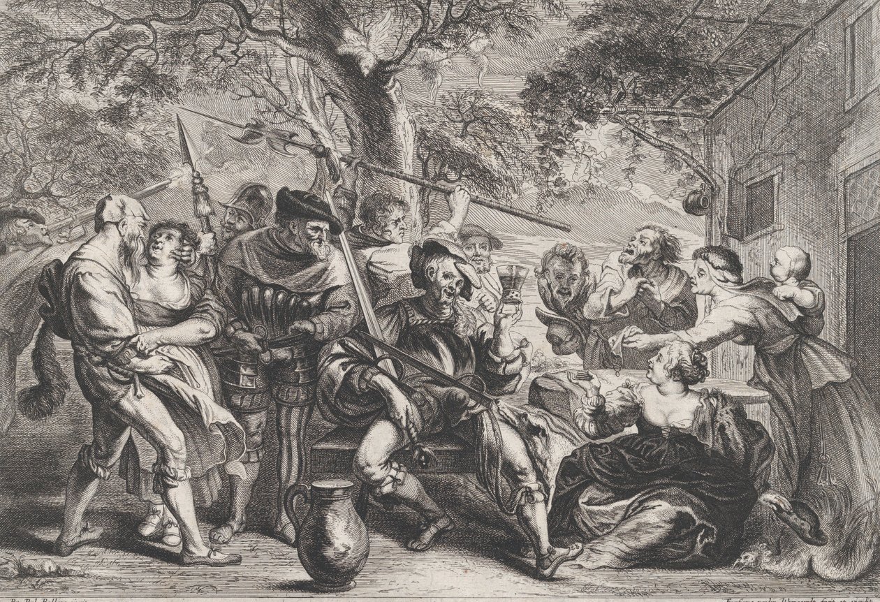 酒場の外のドン・キホーテとラ・サンタ・ヘルマンダッドの軍隊、カリフォルニア州。 1635-79。 作： Frans van den Wyngaerde