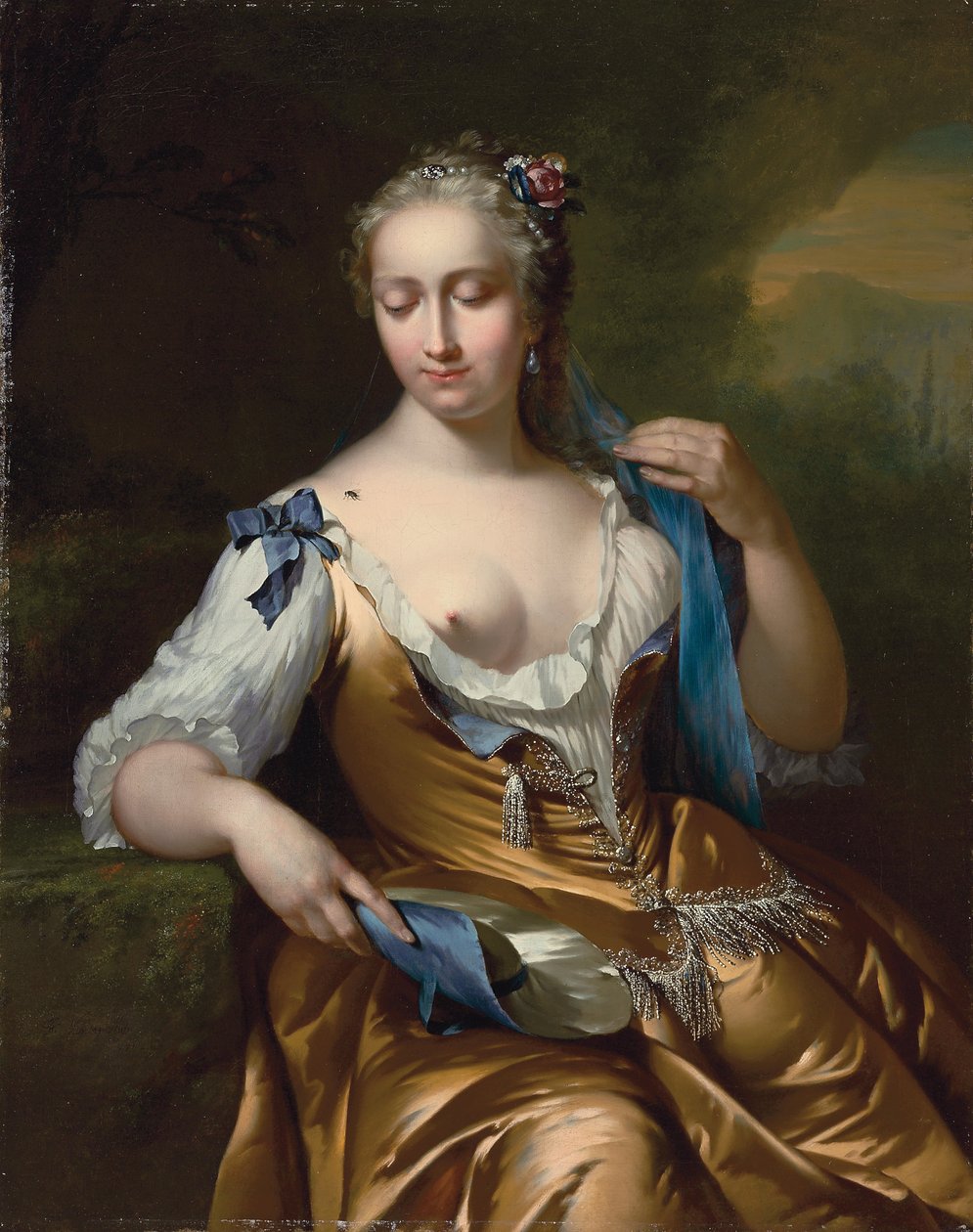 肩にハエがいる風景の女性：接触の寓話、1742 作： フランス・ファン・デル・ミン