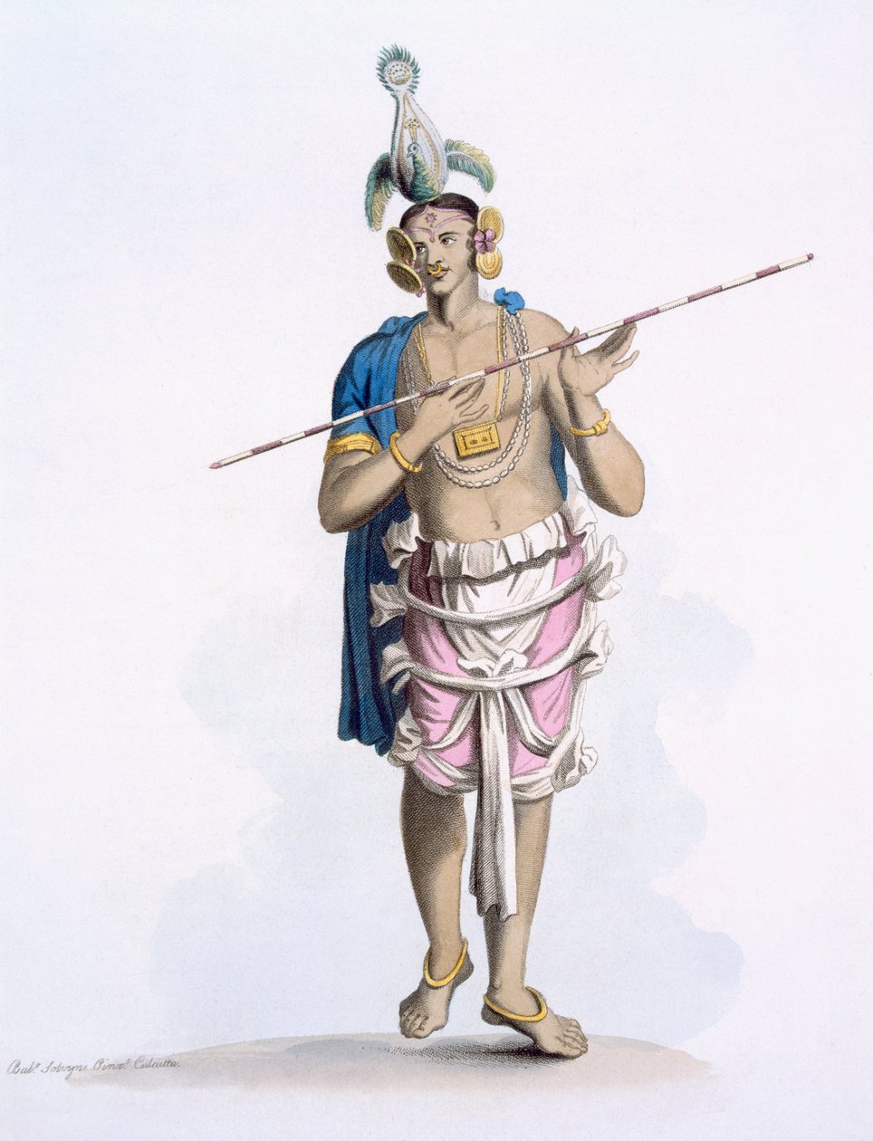 ボーラック：E. Ormeの「Costumes of India」（1804年、カラーエッチング）から、女性のパートを演奏することが多いダンスボーイ 作： フランツ・バルタザール・ソルビンズ