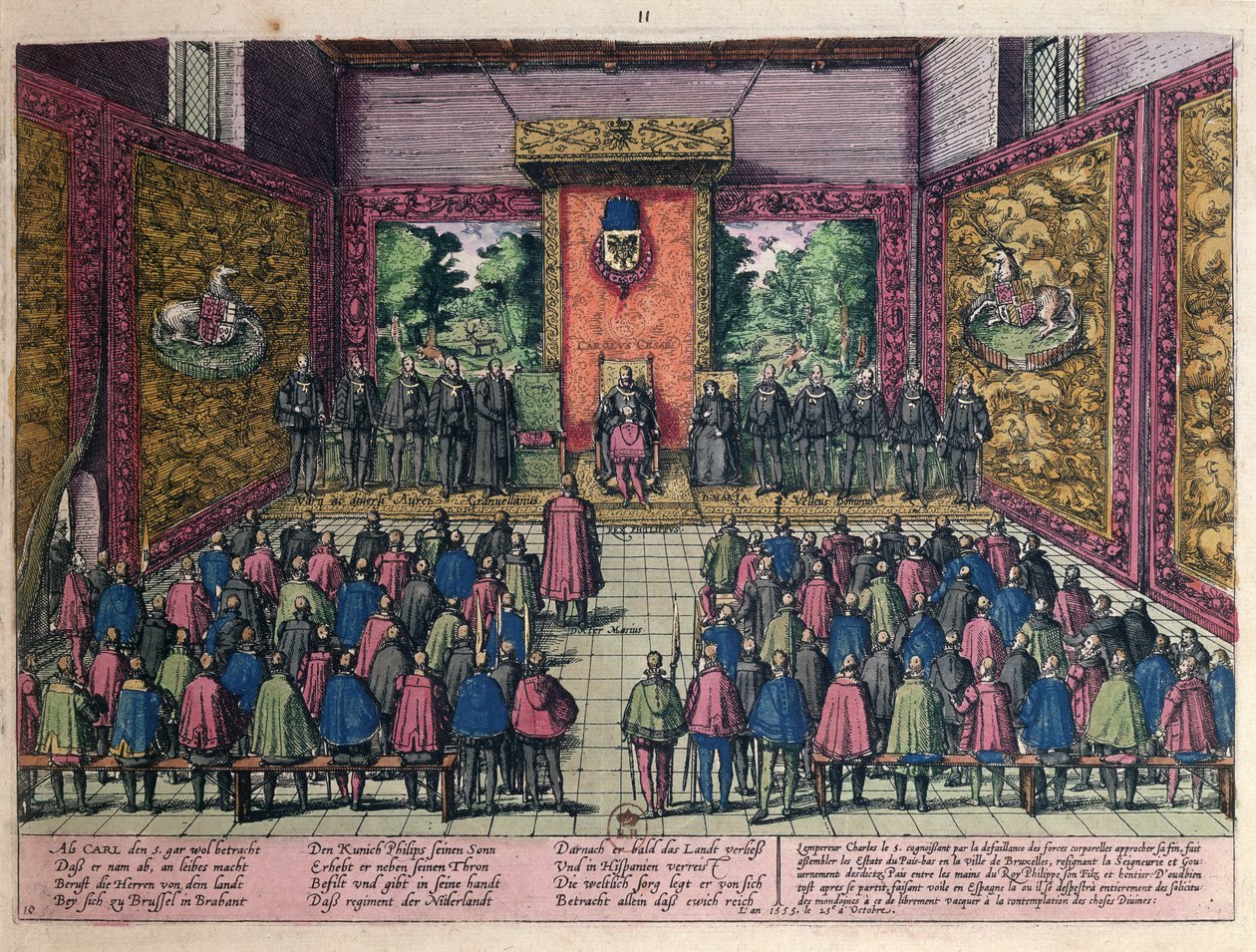 皇帝チャールズ5世（1500-58）は、1555年10月25日、ブリュッセルの法廷（色付きのeng 作： フランツ・ホーゲンベルク