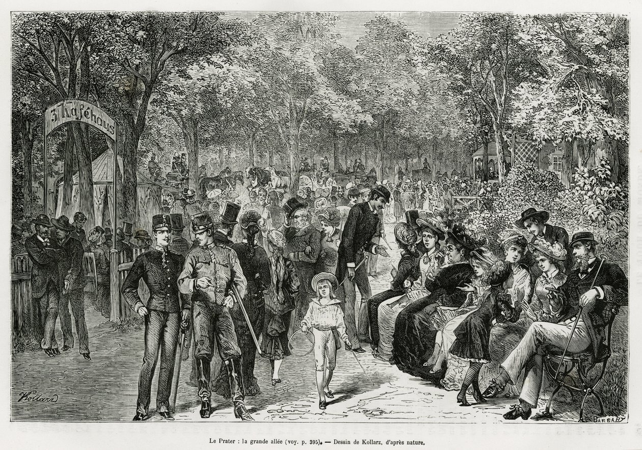 プラーター：大きな散歩道。1881年にエドゥアール・シャルトン（1807-1890）の指揮の下、『Tour du monde』誌に掲載されたM.ニューリンスキ著の『Vienna and its suburbs』の挿絵としてコラールツが描いたもの。 作： フランツ（後）コラルツ