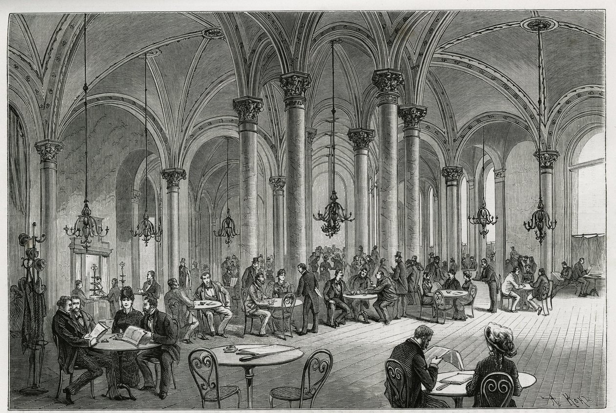 ウィーン（オーストリア）の中央カフェ。1881年にエドゥアール・シャルトン（1807-1890）の指揮のもと『Tour du monde』誌に掲載されたM.ニューリンスキ著の『Vienna and its suburbs』の挿絵としてコラールツが描いたもの。 作： フランツ（後）コラルツ