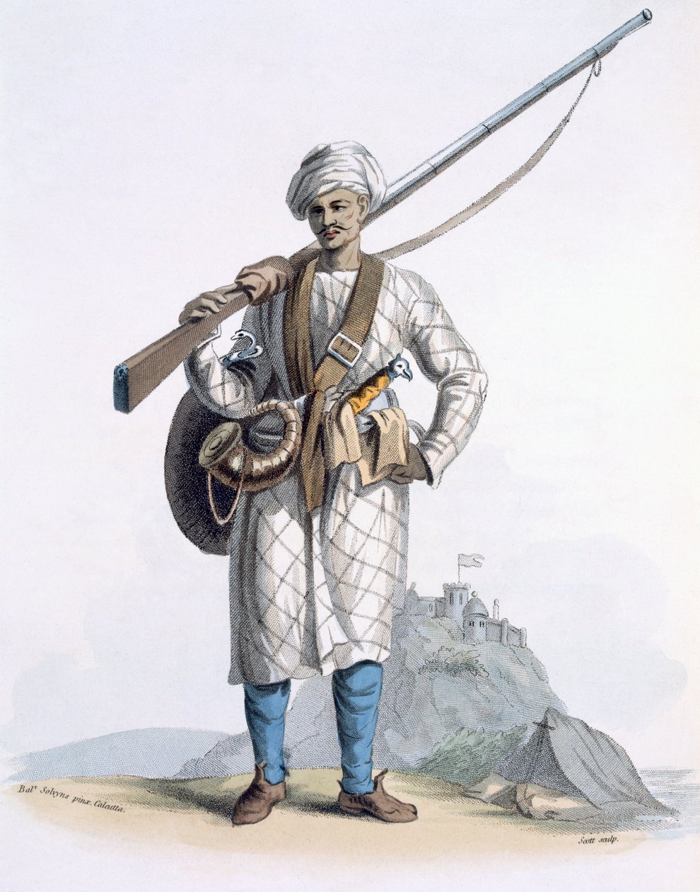 BehaleeaまたはHinduの兵士、E。Ormeによる「Costumes of India」から、1804（カラーエッチング） 作： フランツ・バルタザール・ソルビンズ