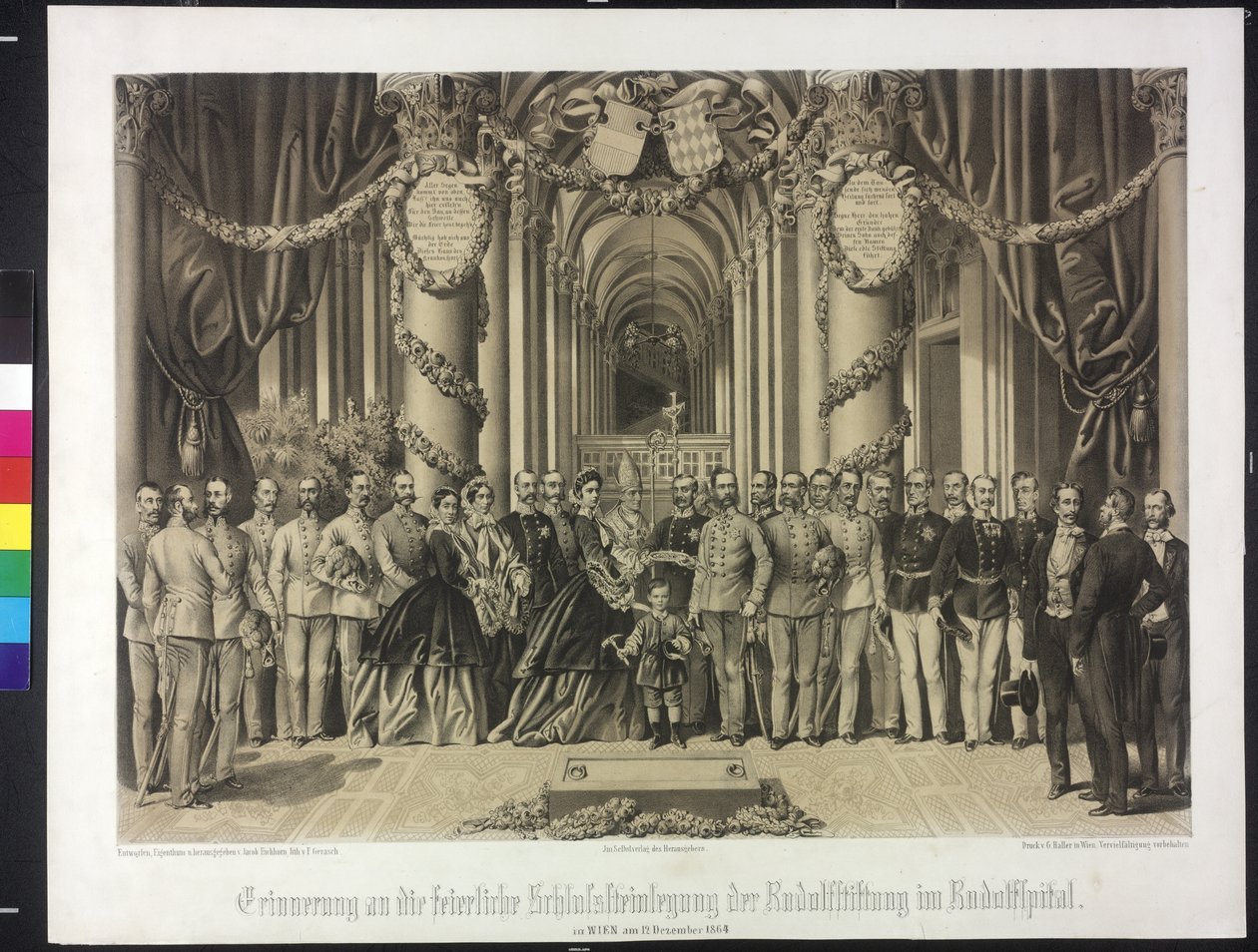1864年、ルドルフ病院にてルドルフ財団の墓石を据える儀式での思い出（リトグラフ） 作： フランツ・ゲラシュ