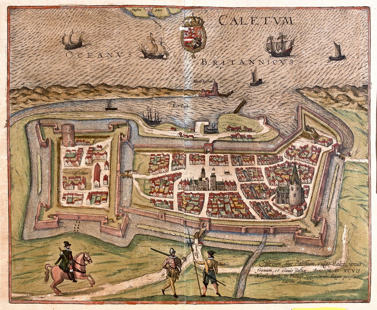 フランスの門、要塞、鍵であるフランスのカレーは、1597年にスペインのフィリップ王の支配下に置かれた（彫刻 作： フランツ・ホーゲンベルク