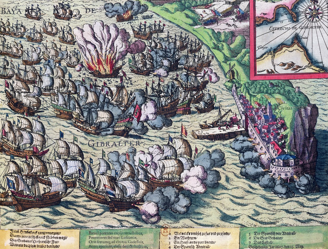 1607年5月25日に印刷されたジブラルタル沿岸での戦闘 作： フランツ・ホーゲンベルク