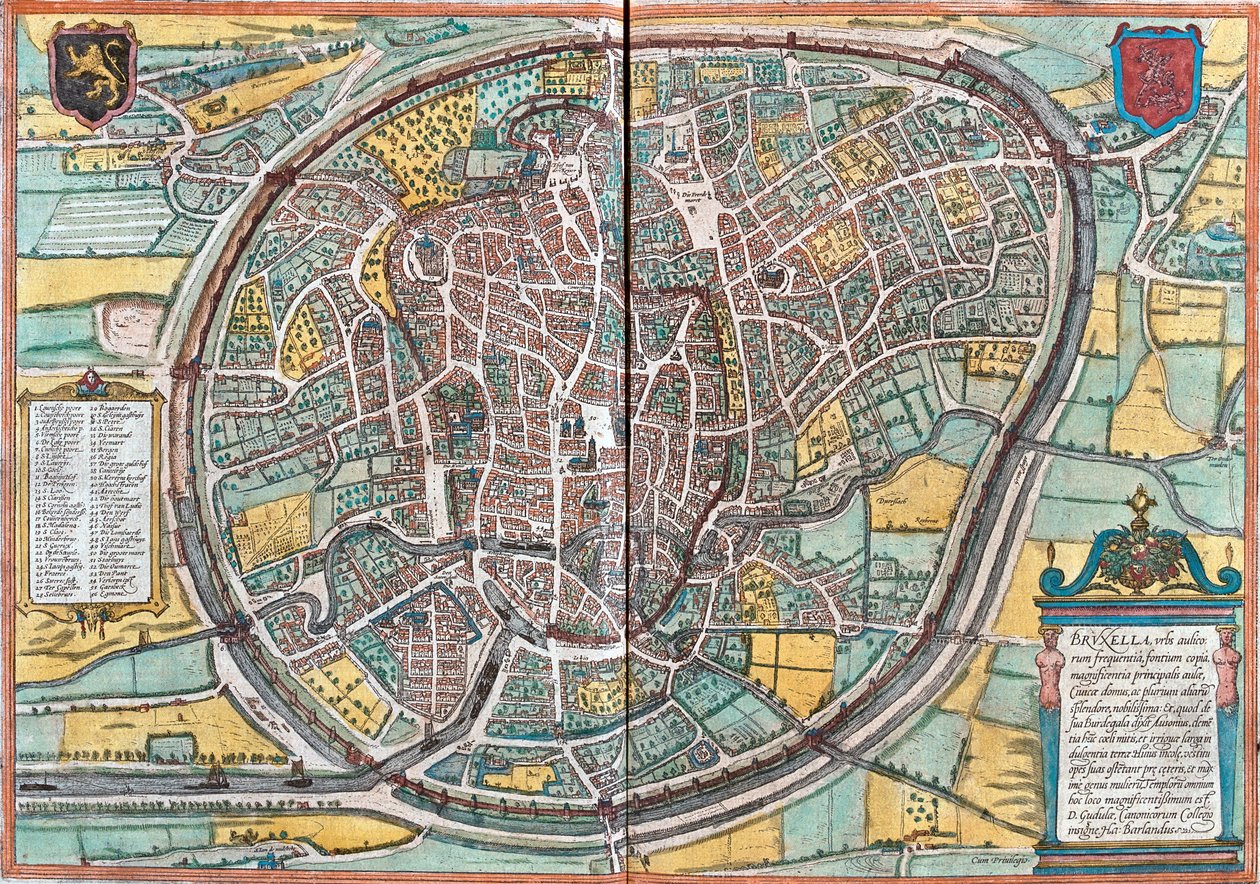 ベルギー・ブリュッセルの地図（銅版画 作： フランツ・ホーゲンベルク