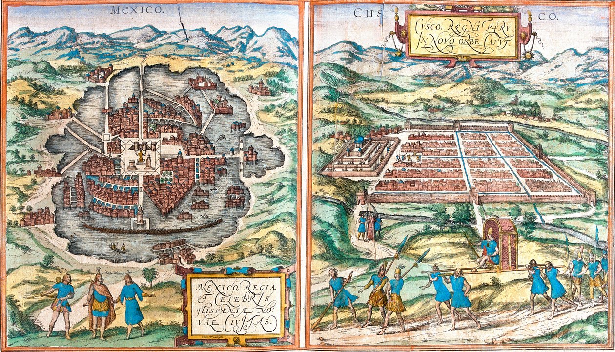 メキシコ(Mexico)とクスコ(Cusco)(Peru)の地図(エッチング) 作： フランツ・ホーゲンベルク