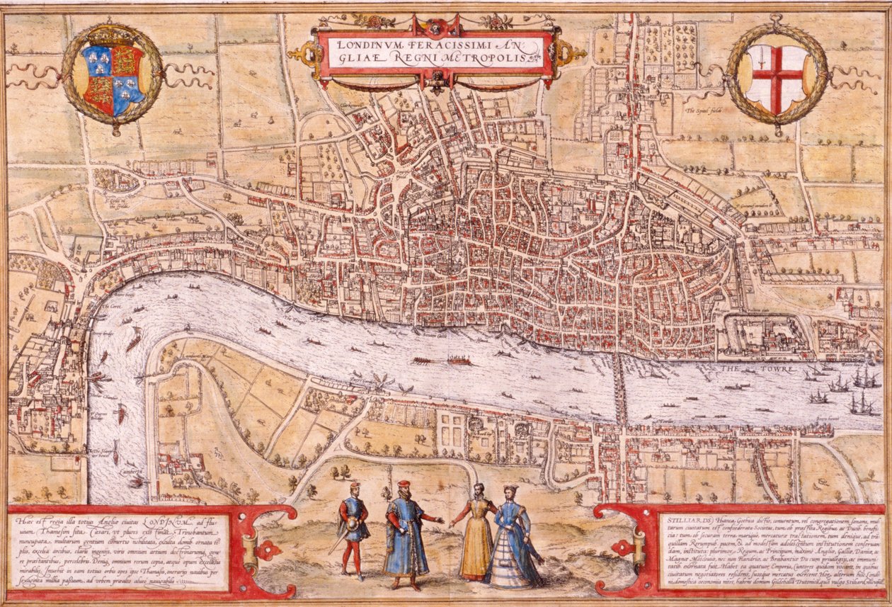 ロンドン市の地図、サザークとウェストミンスターの一部、1572 年 作： フランツ・ホーゲンベルク