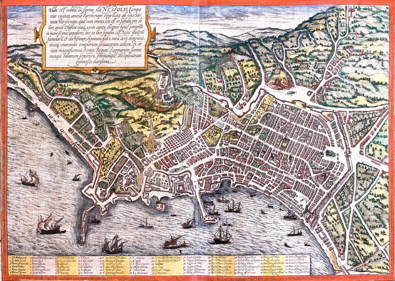 イタリア・ナポリ（ネアポリス）の平面図（銅版画 作： フランツ・ホーゲンベルク