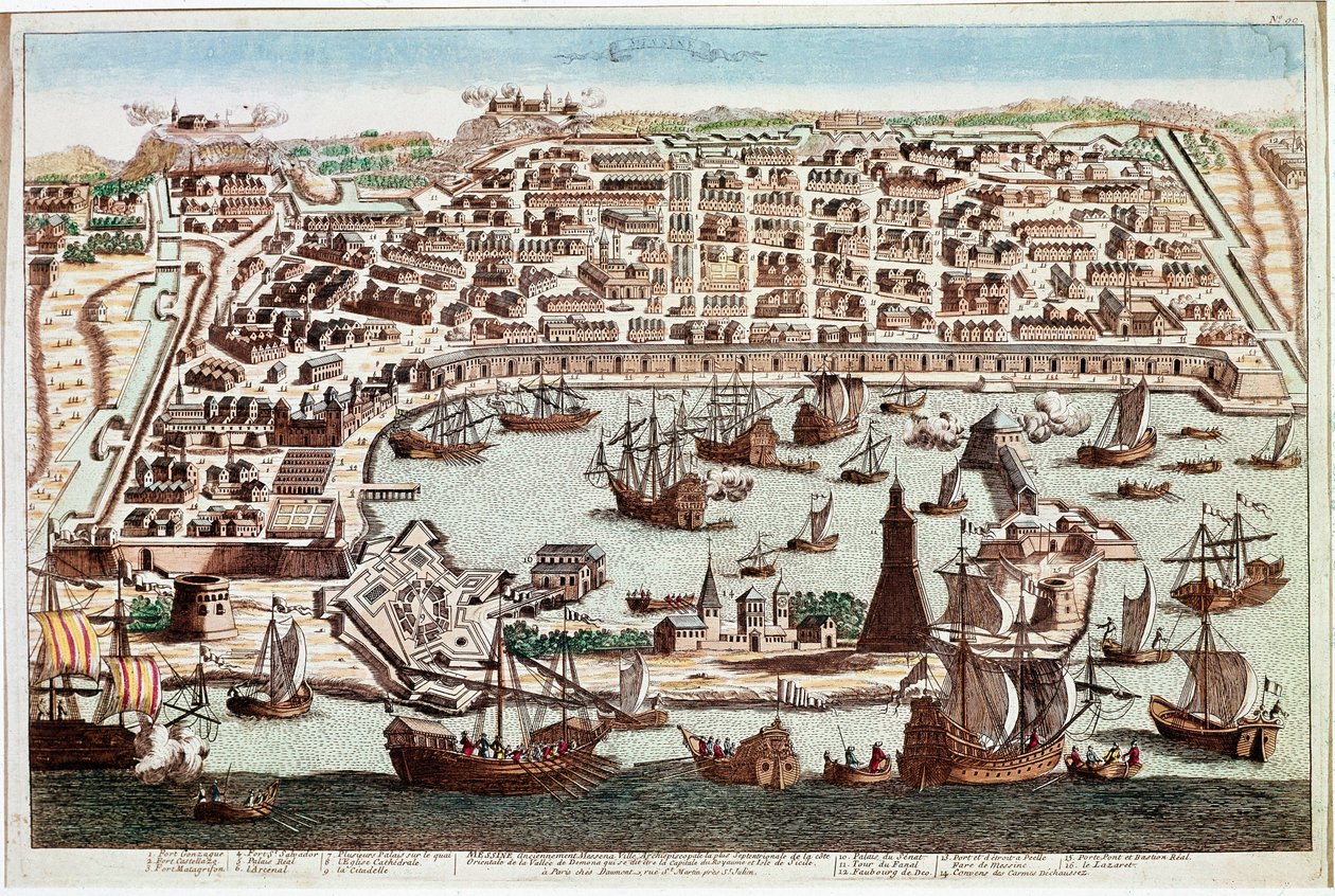 シチリア島メッシーナ市の眺め - フランツ・ホーゲンベルク（1535-1590）によるエングレーヴィング（ブラウンとホーゲンベルクによる "Civitatis Orbis Terranum "より） - 1594年（シチリア島メッシーナ市の眺め - フランツ・ホーゲンベルク（1535-1590）によるエングレーヴィング（"Civitatis Hobis Terran "より 作： フランツ・ホーゲンベルク