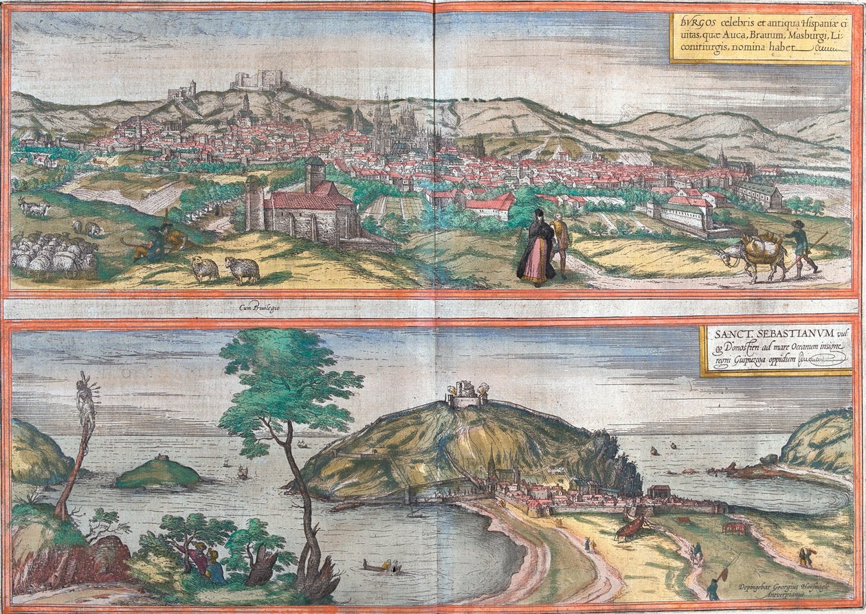スペインのブルゴスとサン・セバスチャン（またはドノスティア）の風景（銅版画 作： フランツ・ホーゲンベルク