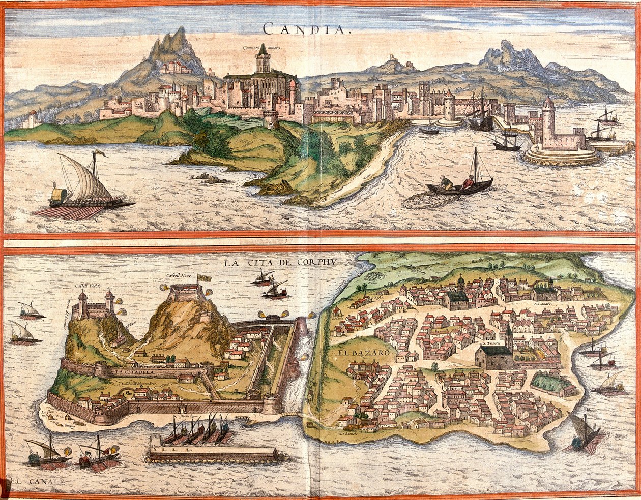 カンディア（Candia）、現在のクレタ島のイラクリオン（Heraklion）とギリシャの島、コルフ（Corfu）またはコルキュラ（Corphu）の風景（エッチング 作： フランツ・ホーゲンベルク