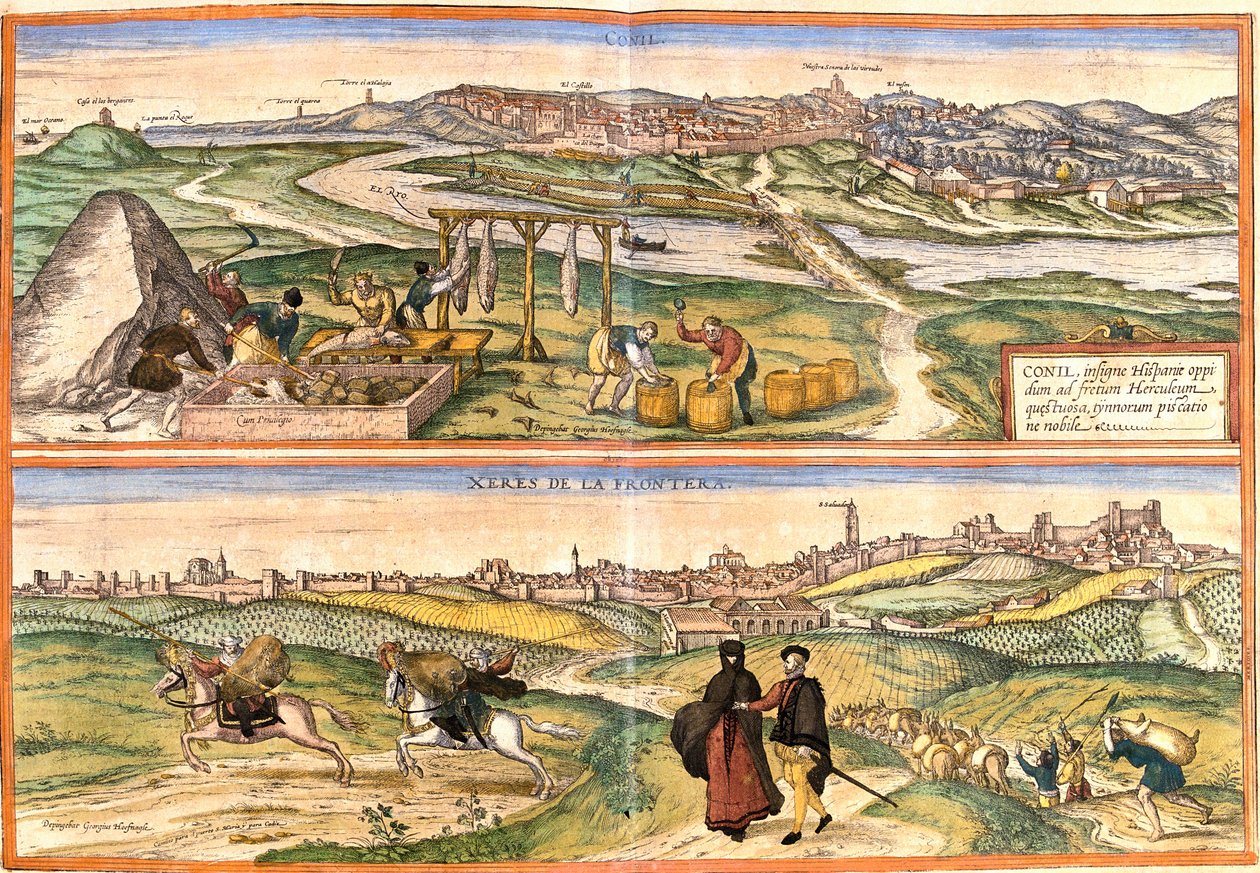 スペイン、コニル・デ・ラ・フロンテーラ（Conil）とゼレス（Xeres de la Frontera）の風景（銅版画 作： フランツ・ホーゲンベルク