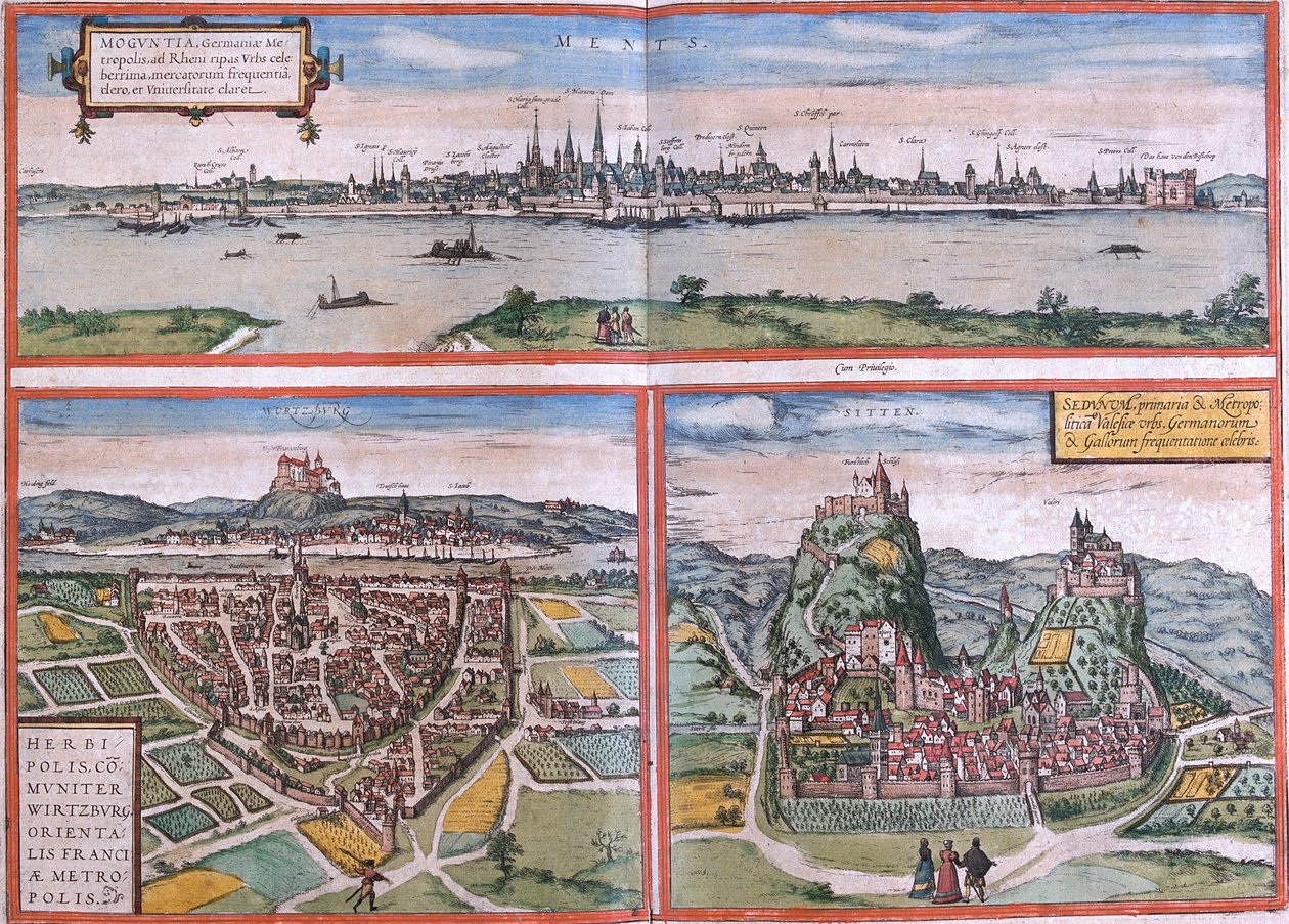 ドイツのマインツ（モグンティア）、ヴュルツブルク、スイスのシオン（セドゥンム）の風景（銅版画 作： フランツ・ホーゲンベルク