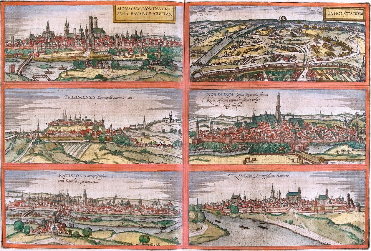 ドイツ、ミュンヘン（モナクム）、インゴルシュタット（インゴルスタジアム）、フライジング（フリジングエンシス）、ノルトリンゲン（ノルトリンガ）、レーゲンスブルク（ラティスポナ）、シュトラウビング（ストラフビンガ）の風景（銅版画 作： フランツ・ホーゲンベルク