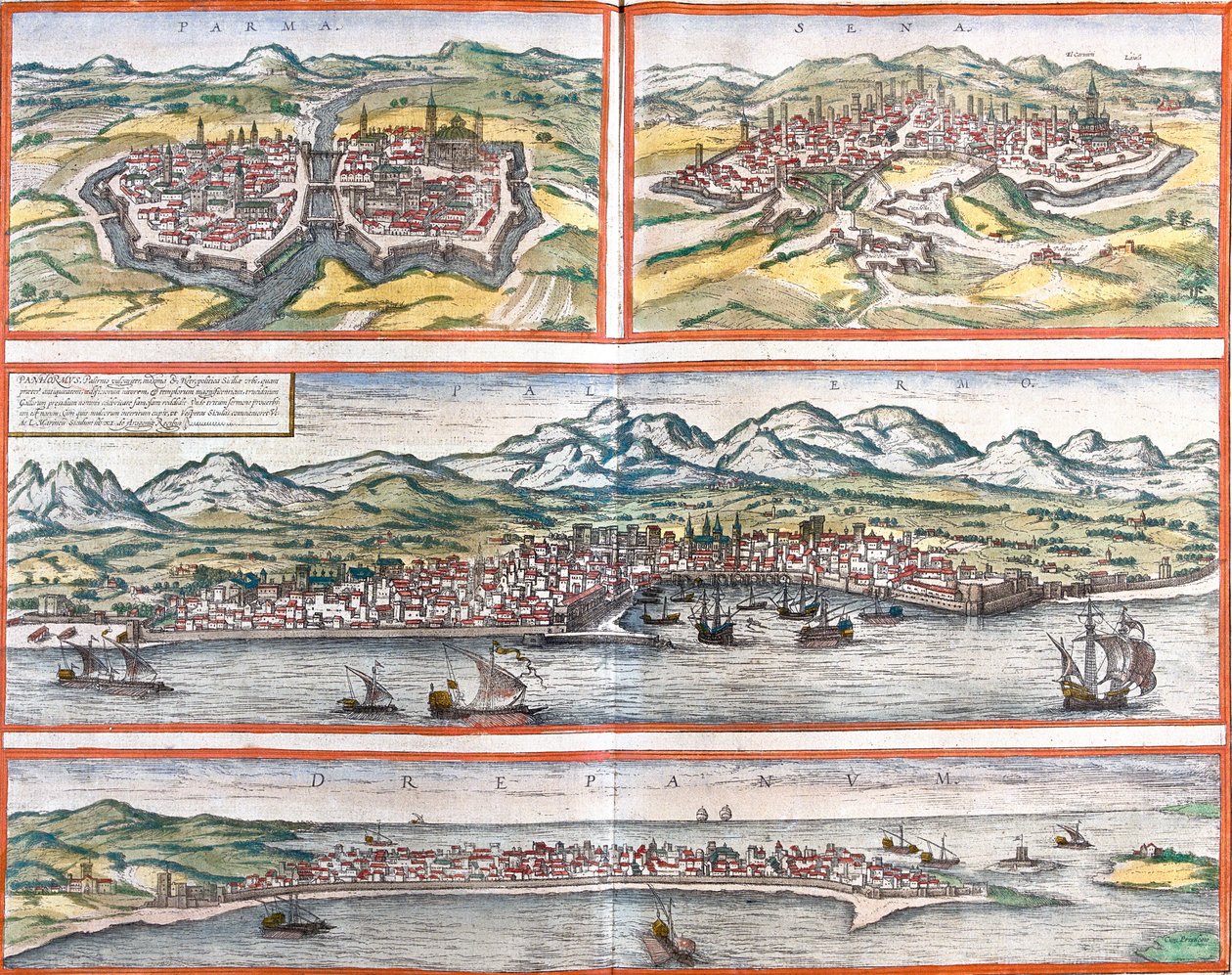 イタリア、パルマ(Parma)、シエナ(Sena)、パレルモ(Panhormus)、トラーパニ(Drepanum)(シチリア)の風景(銅版画) 作： フランツ・ホーゲンベルク