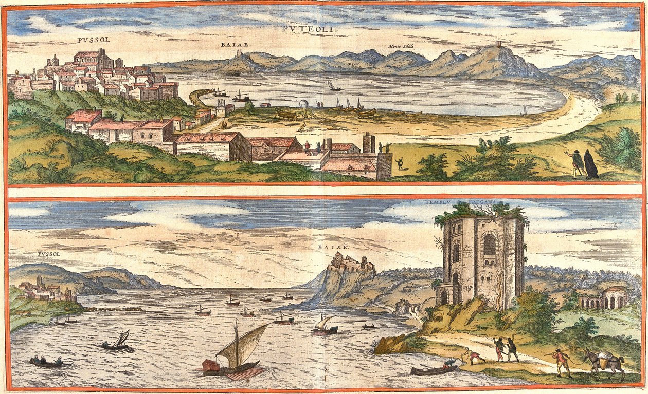 イタリアのポッツォーリ（プテオリ）とベイ（バイアエ）（現在のバイア）、ナポリ湾の温泉の古代遺跡と要塞のある風景（銅版画 作： フランツ・ホーゲンベルク