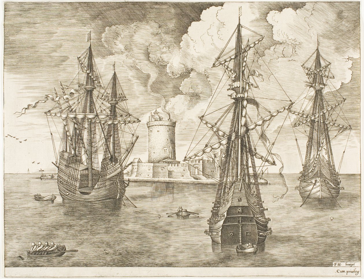 The Sailing Vessels より、灯台のある要塞島の近くに停泊する 4 マスターと 2 人の 3 マスター 作： フランツ・ヒュイス